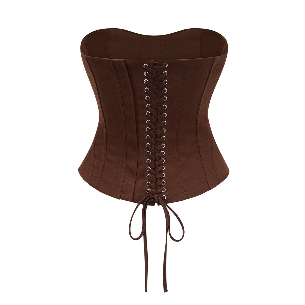 Indre Brown Lace Up Corset Crop Top