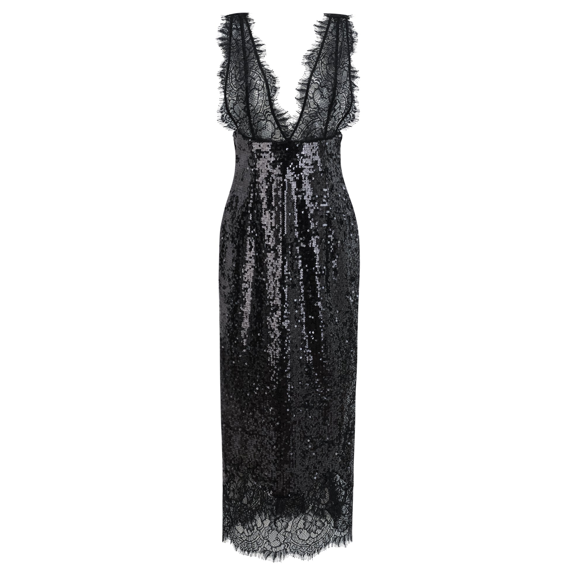 Vestido maxi negro de encaje y lentejuelas Ava, estilo elegante con paneles de encaje y detalles brillantes.