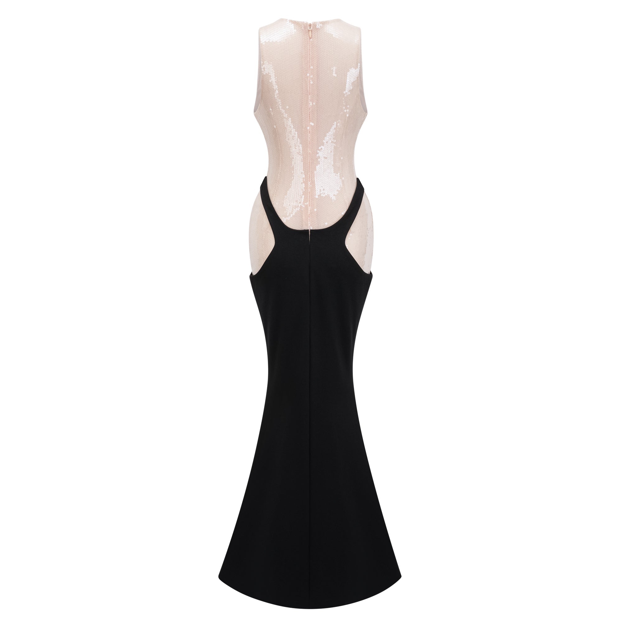 Vestido largo de noche Uranie en color negro con paneles y lentejuelas, vestido corsé maxi de la marca Final Sale.