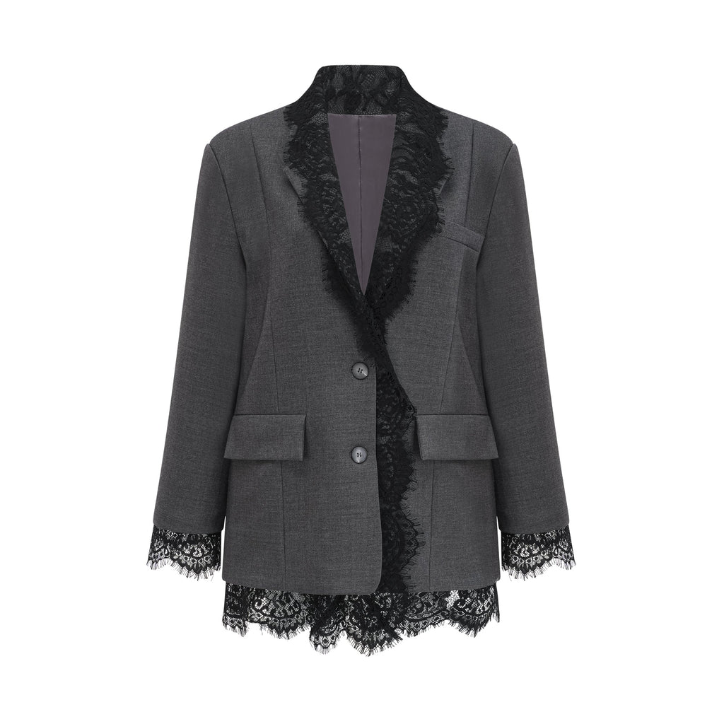 Blazer gris con paneles de encaje de la marca Final Sale, vista frontal en imagen de producto.