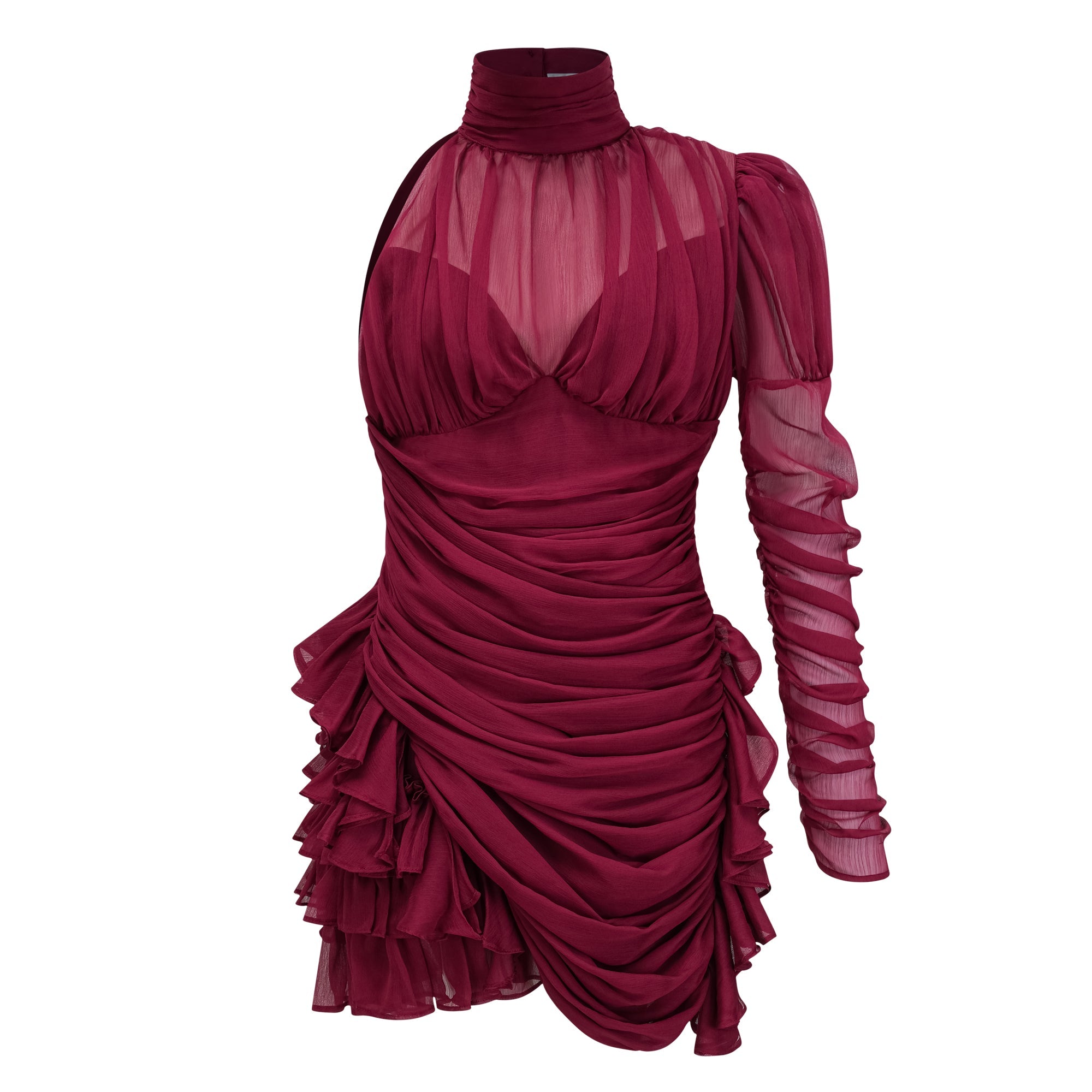 Vestido mini asimétrico de tul con volantes Éléna Burgundy de Final Sale, elegante y moderno.