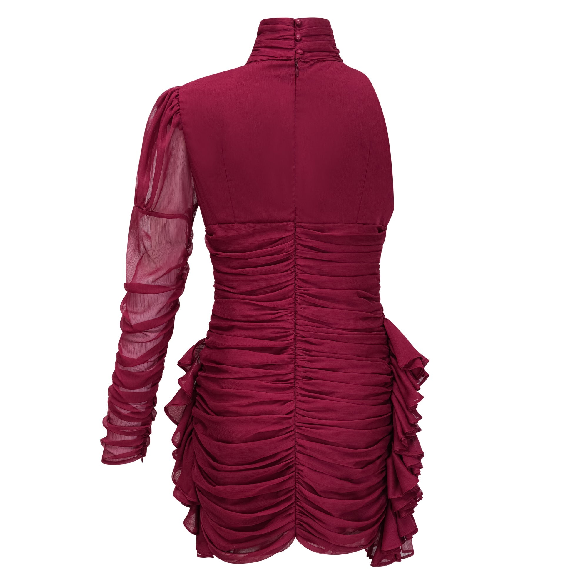 Vestido mini asimétrico de tul burdeos Éléna con volantes y diseño único, perfecto para ocasiones elegantes.
