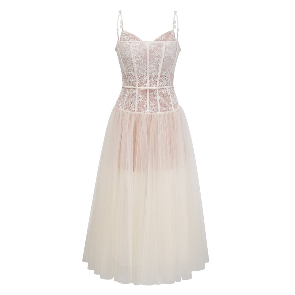 Mira Neutrals Lace Panel Tulle Midi Dress