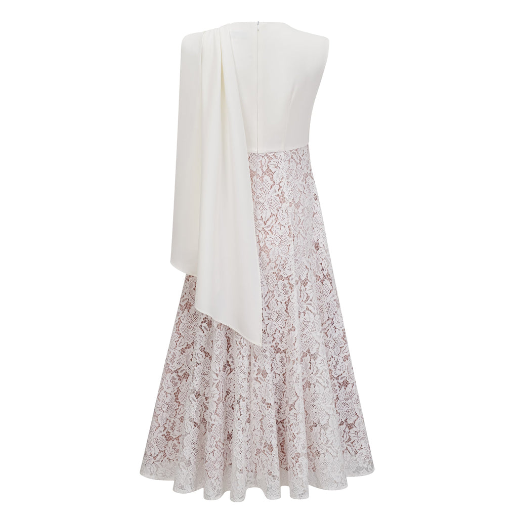 Marzia White Ribbon Detail Floral Lace Maxi Dress