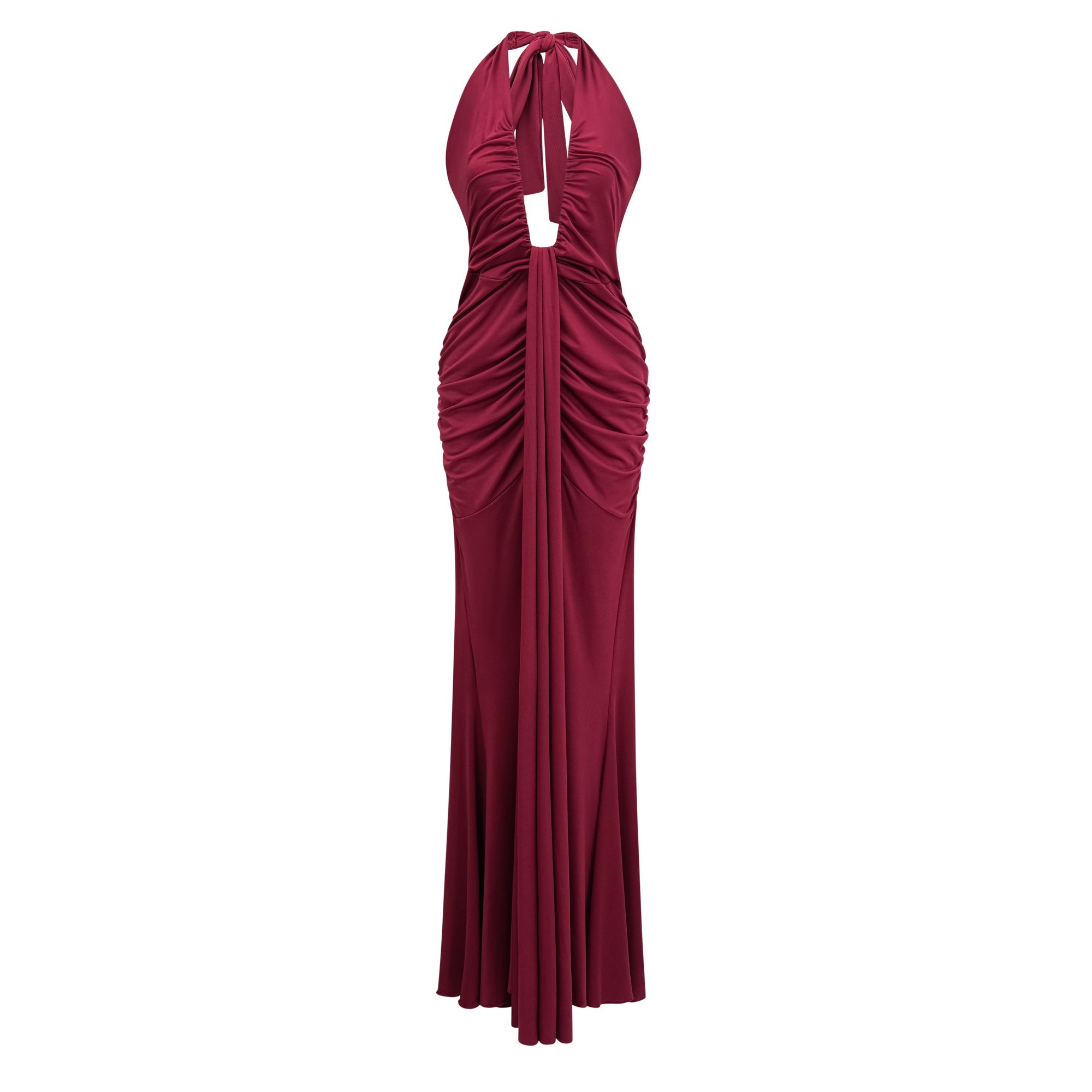 Vestido largo halter con drapeado y acabado ajustado, en color neutro, diseñado por Final Sale.