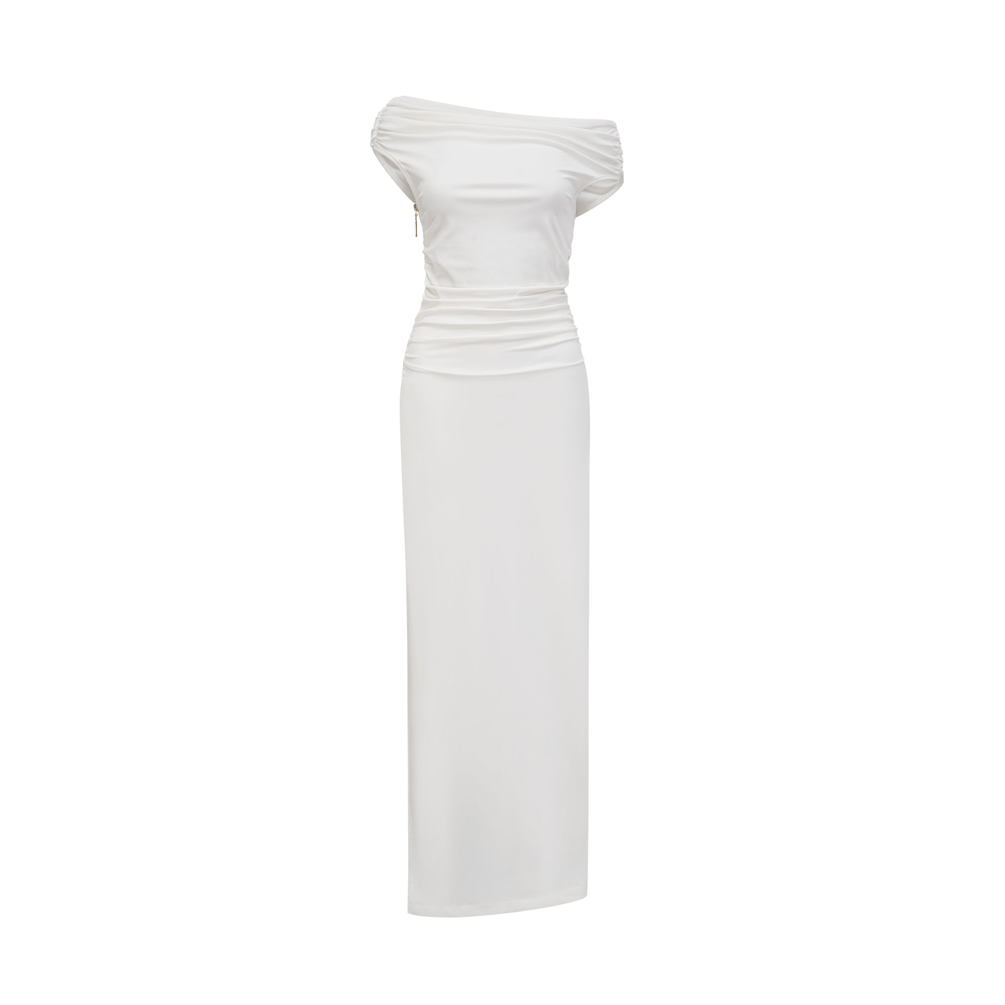 Vestido maxi azul con hombros descubiertos de Final Sale, diseño largo y elegante, tela ligera y fluida.