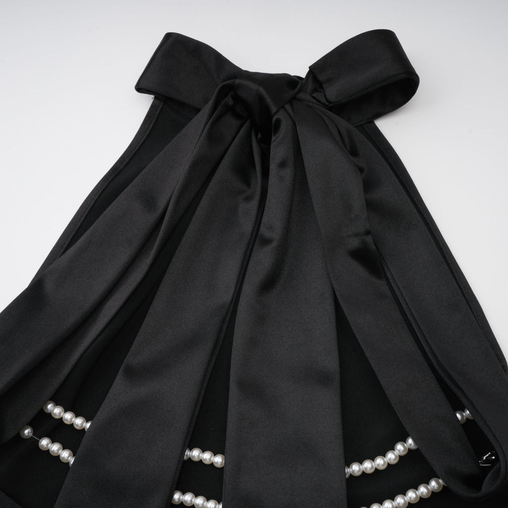 Ginevra black halterneck faux-pearl satin maxi dress