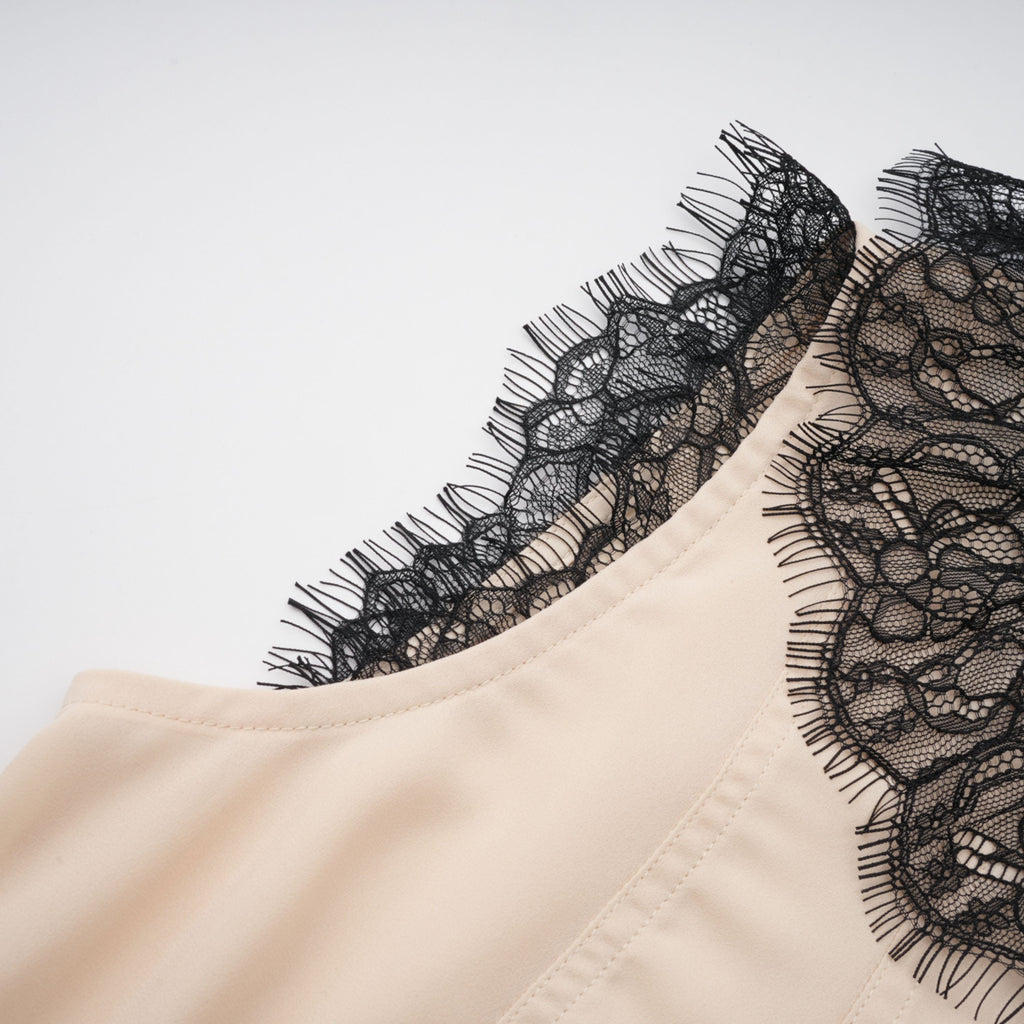 Zsófia Neutral Lace Panel Chiffon Top & Skirt Matching Set