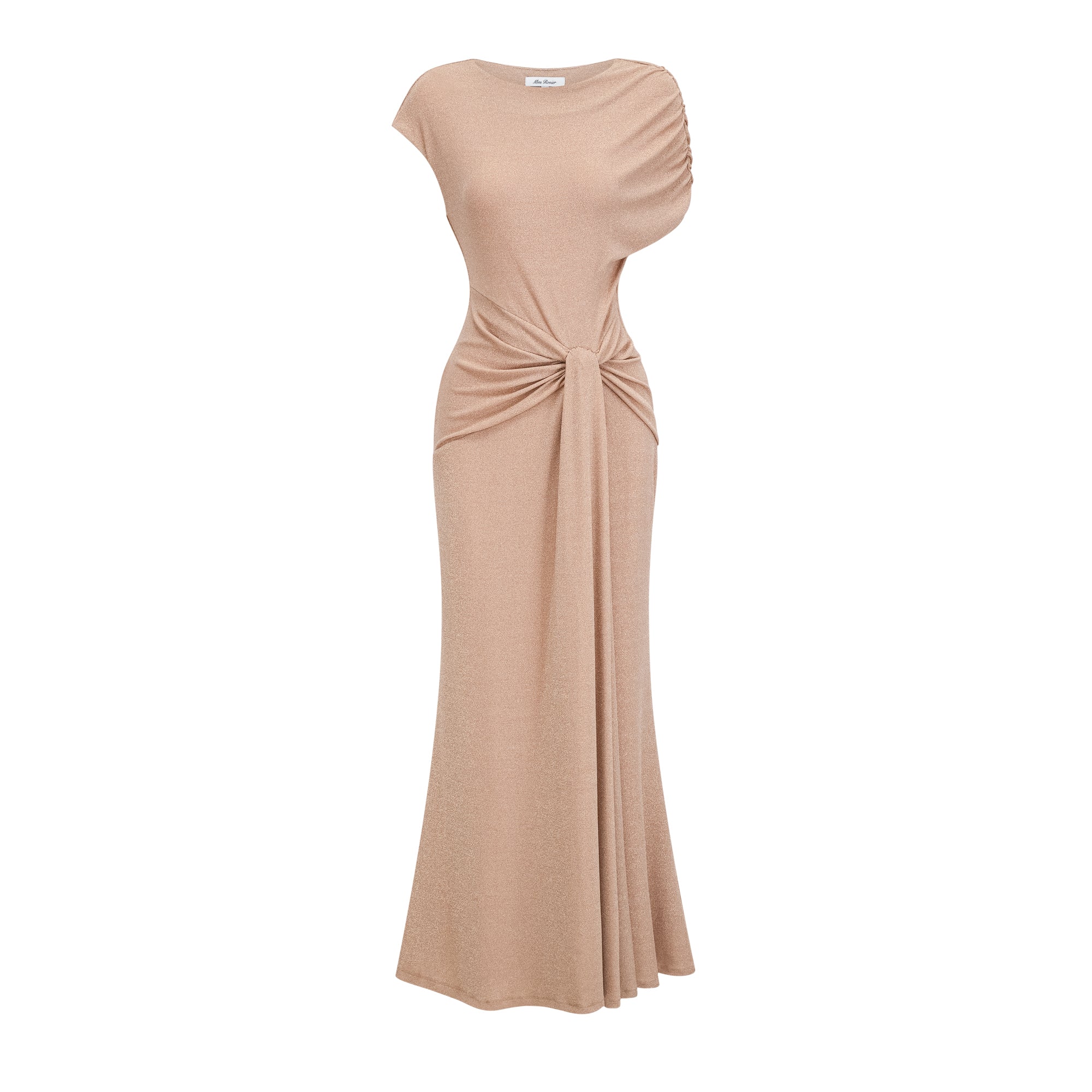 Vestido maxi dorado asimétrico y plisado Rosalie de Final Sale, con diseño elegante y detalles en la tela.