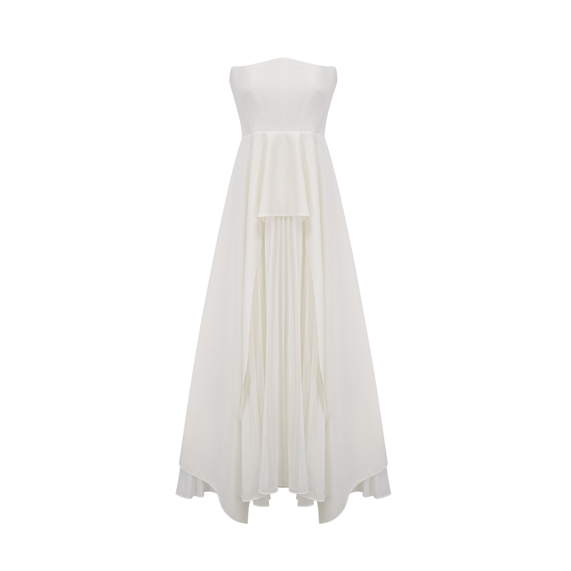 Vestido maxi blanco con pliegues y escote en los hombros de la marca Final Sale, diseño elegante y fluido para ocasiones especiales.