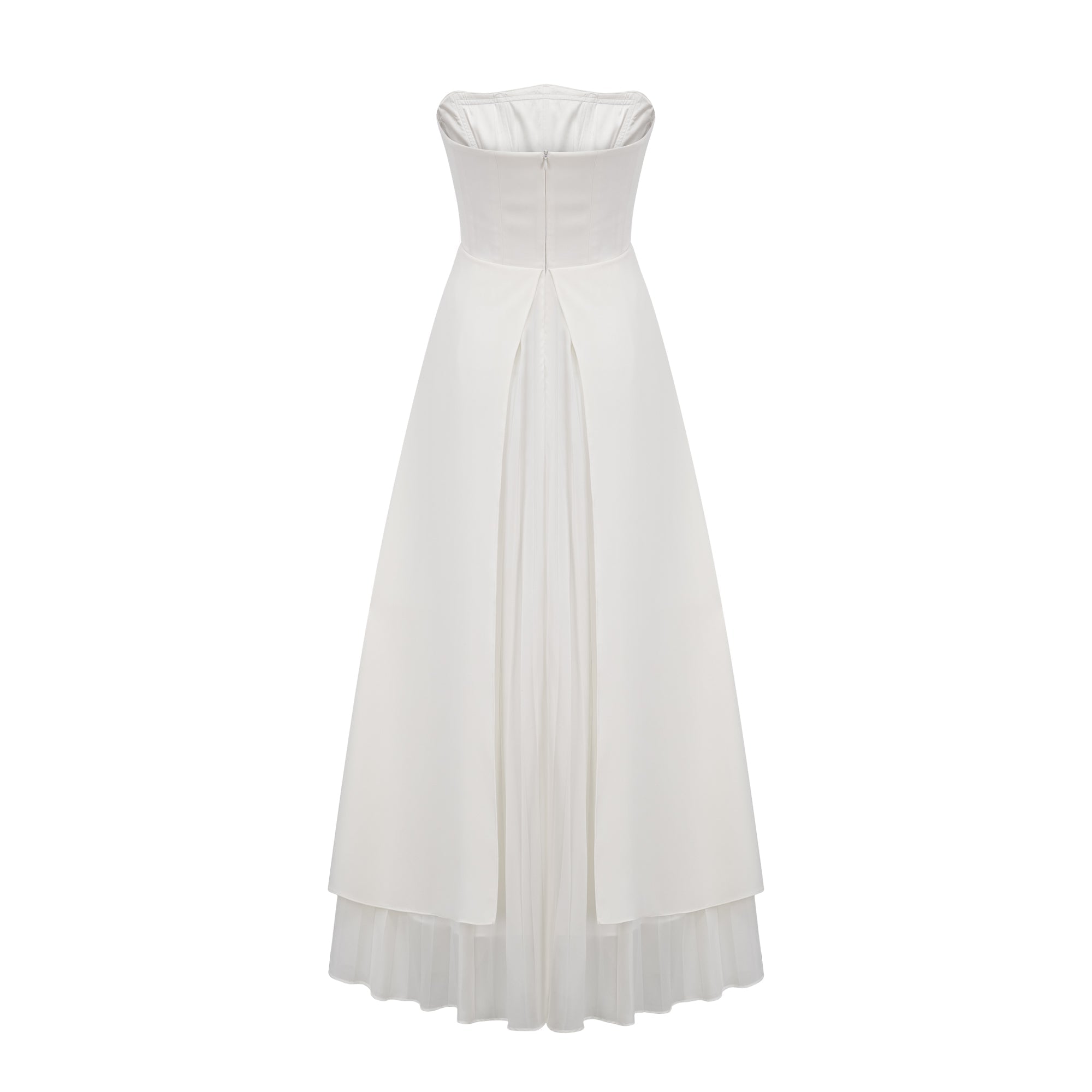 Vestido largo maxi blanco con pliegues y hombros descubiertos de la marca Final Sale, con un estilo elegante y sofisticado.