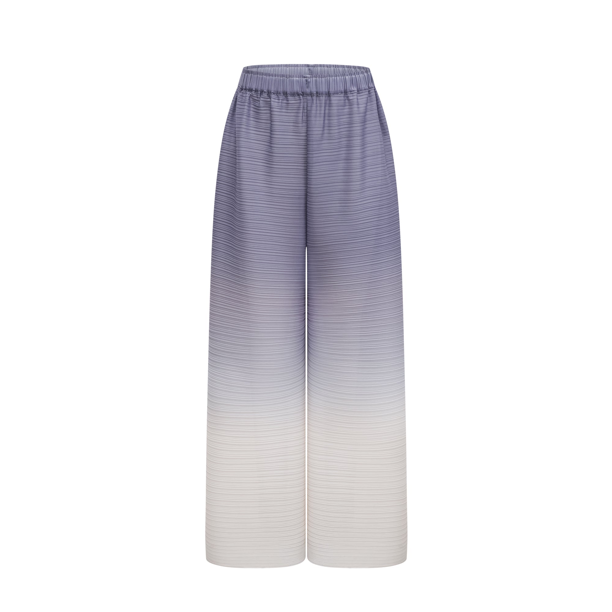 Conjunto de blusa y pantalón gris con degradado púrpura arrugado de la marca Final Sale, estilo elegante y moderno.