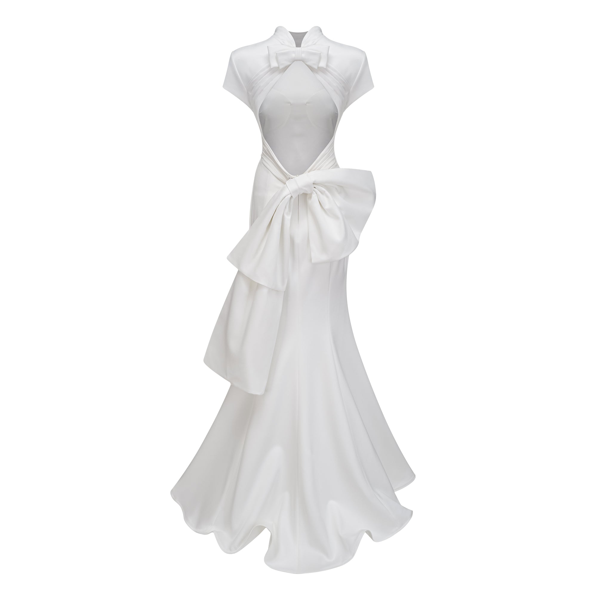 Vestido maxi de sirena Camille White Statement Bow de Final Sale, con lazo blanco y estilo elegante para ocasiones especiales.