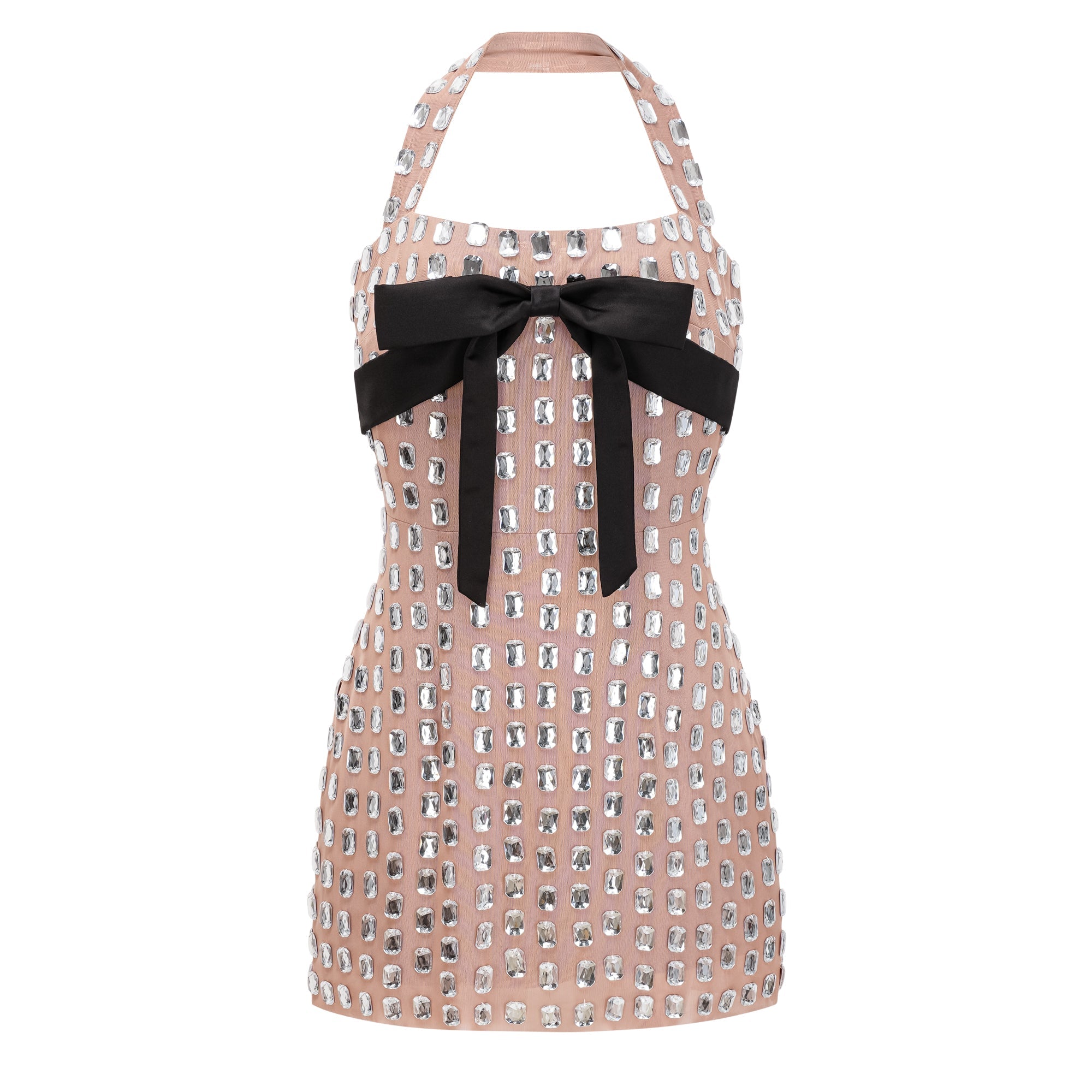 Vestido mini plateado de novia Giustina con cuello halter y lazo de cristal, con detalles elegantes y brillantez.