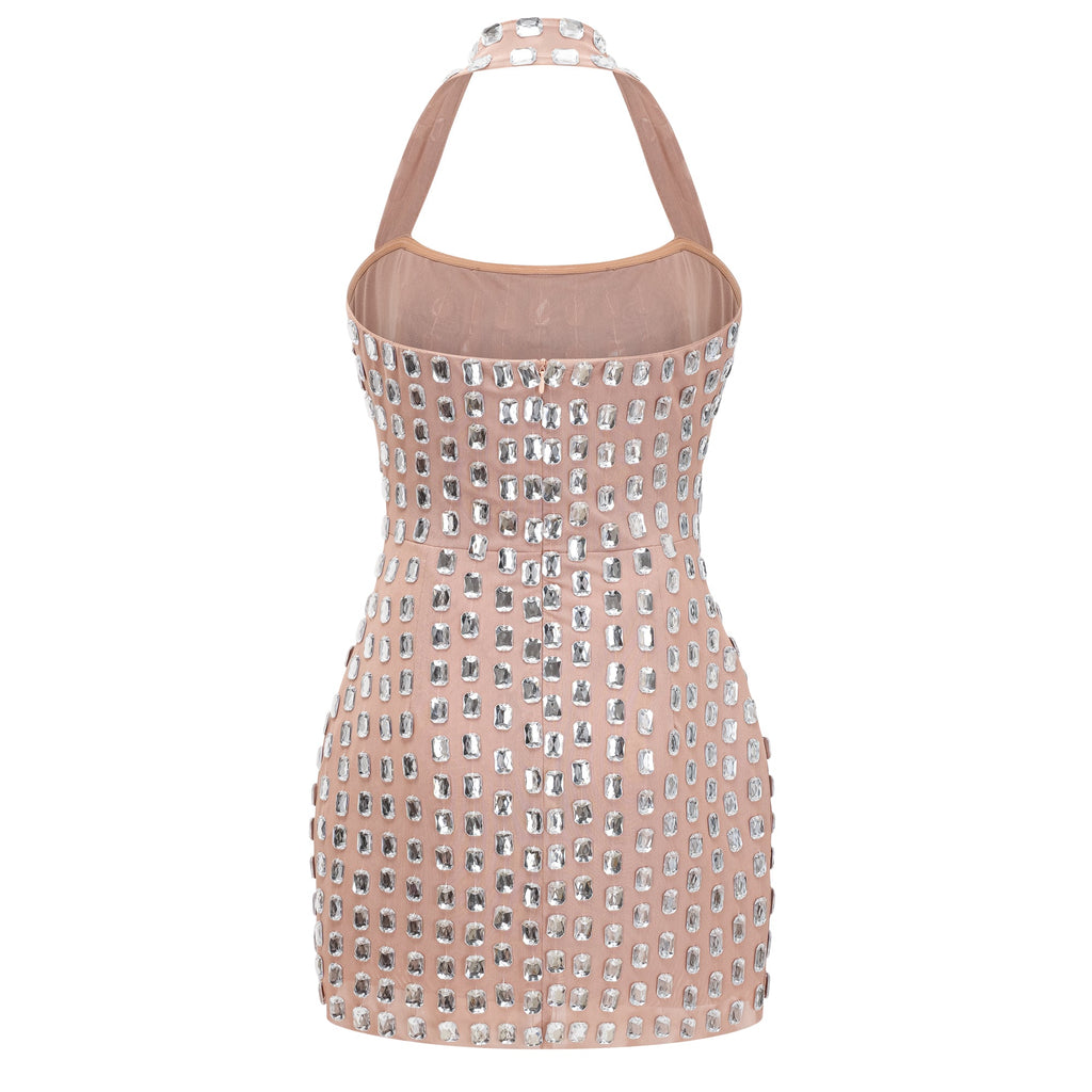Vestido mini plateado Giustina con lazo al cuello y cristales, vestido halter para ocasiones elegantes.