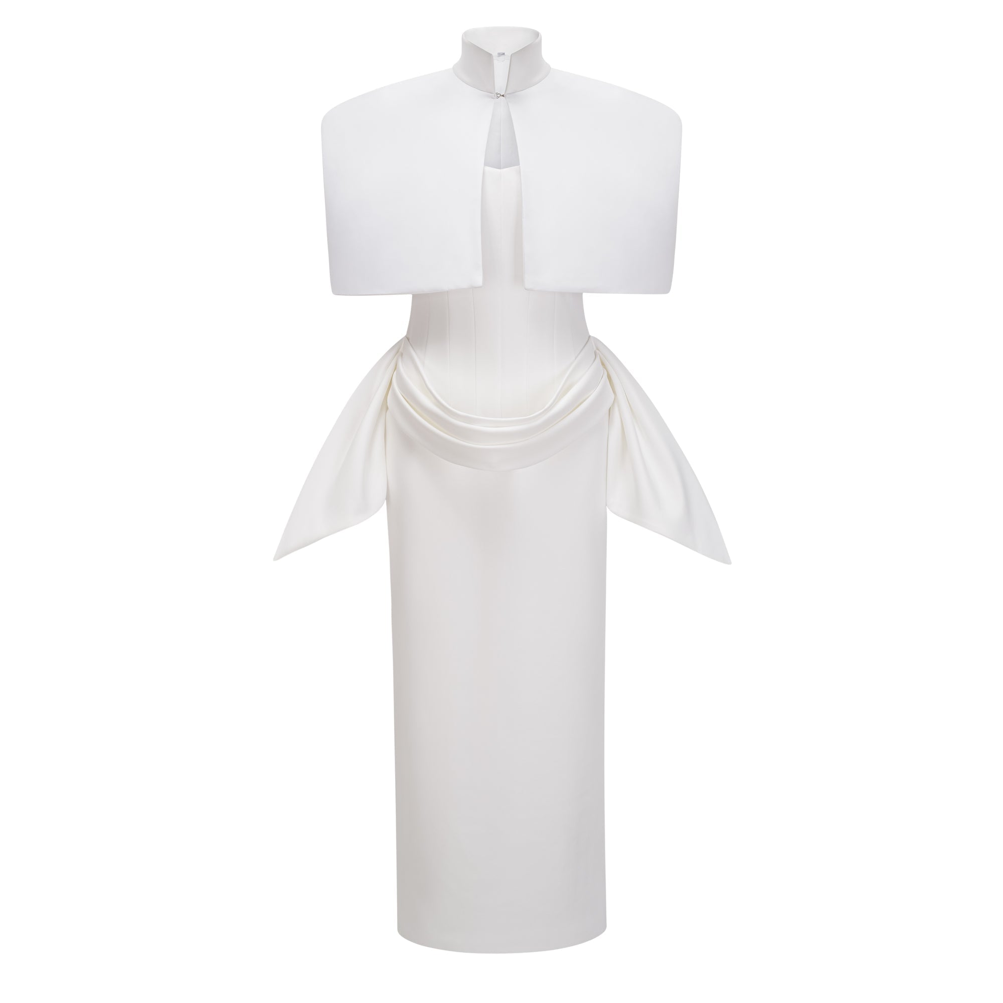 Conjunto de vestido de novia con capa estructurada blanca y corsé de la marca Bridal, mostrando detalles elegantes y diseño sofisticado.