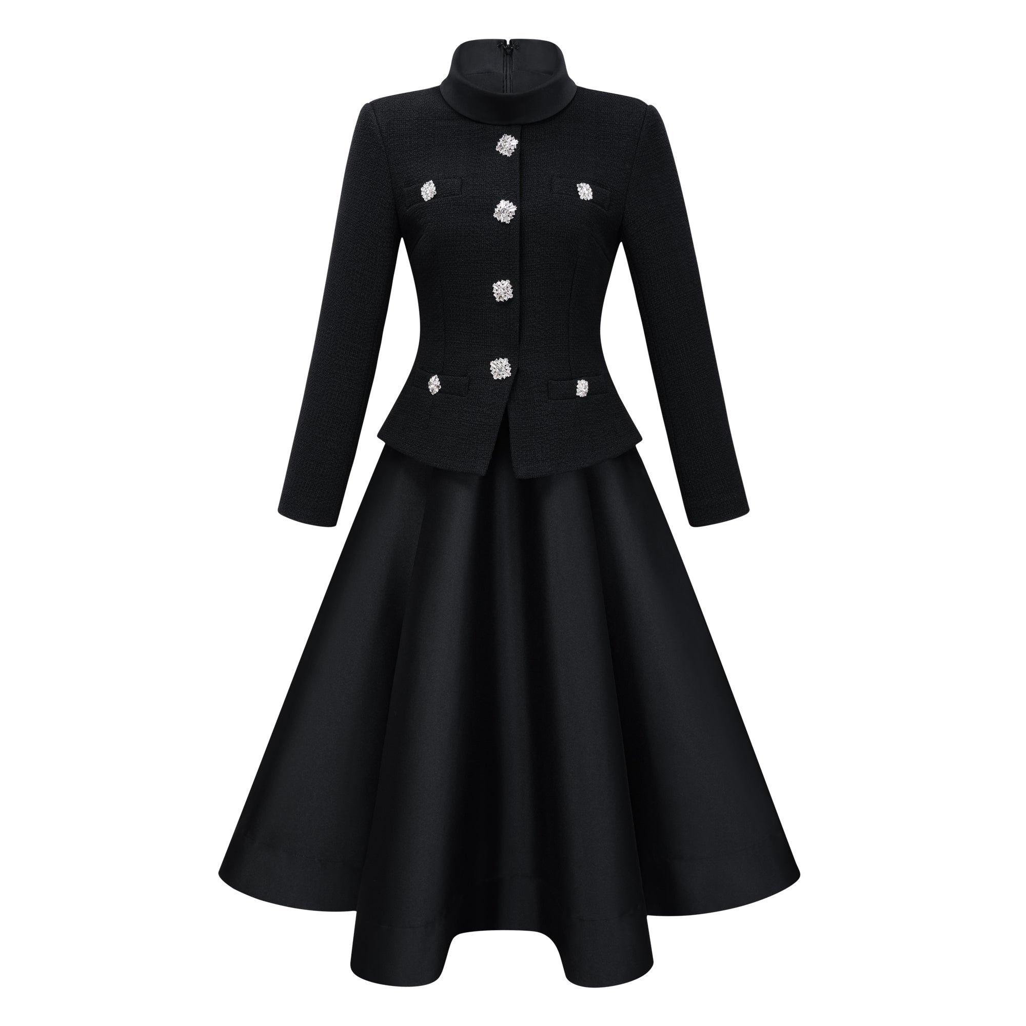Vestido midi negro con cuello alto y tweed de la marca Bridal, diseñado por Lorelei.