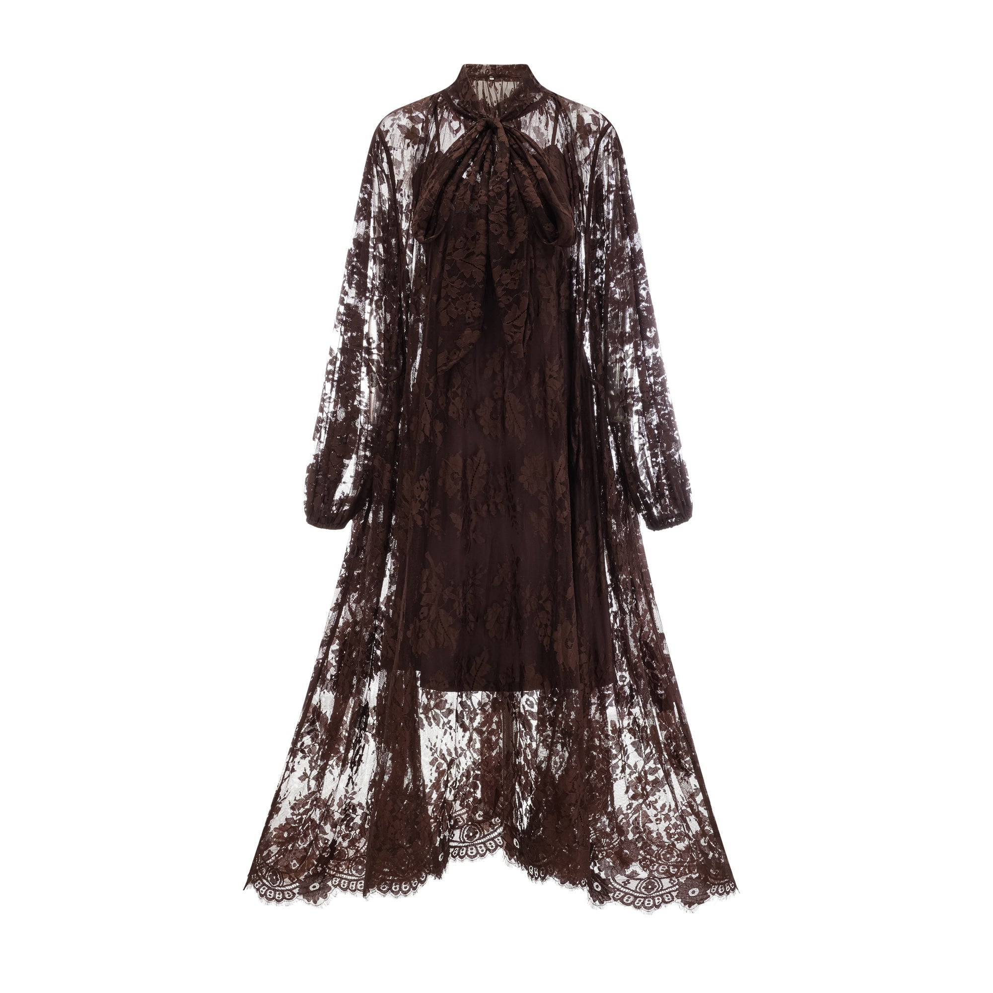 Vestido midi con vuelo en encaje chantilly marrón Sylvie, estilo flamenco, con falda amplia y detalles elegantes.