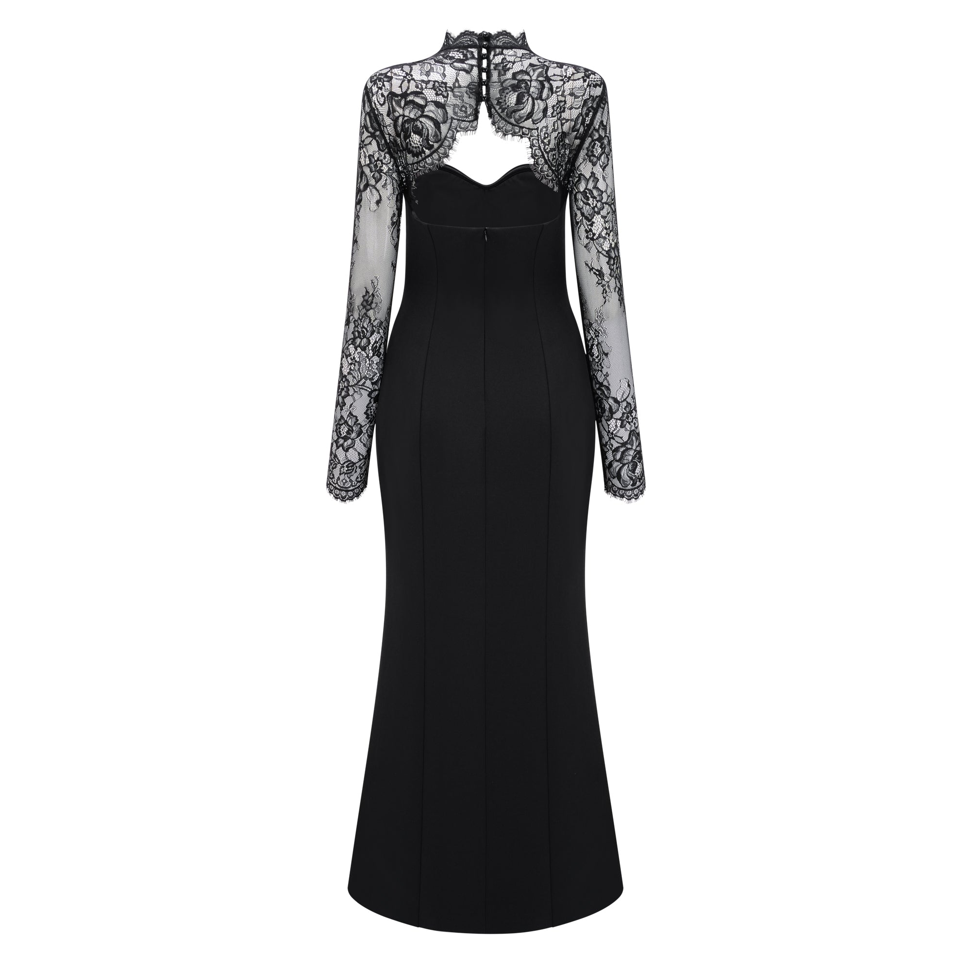 Vestido de noche largo negro con panel de encaje de la marca Bridal, elegante vestido maxi con detalles de encaje.