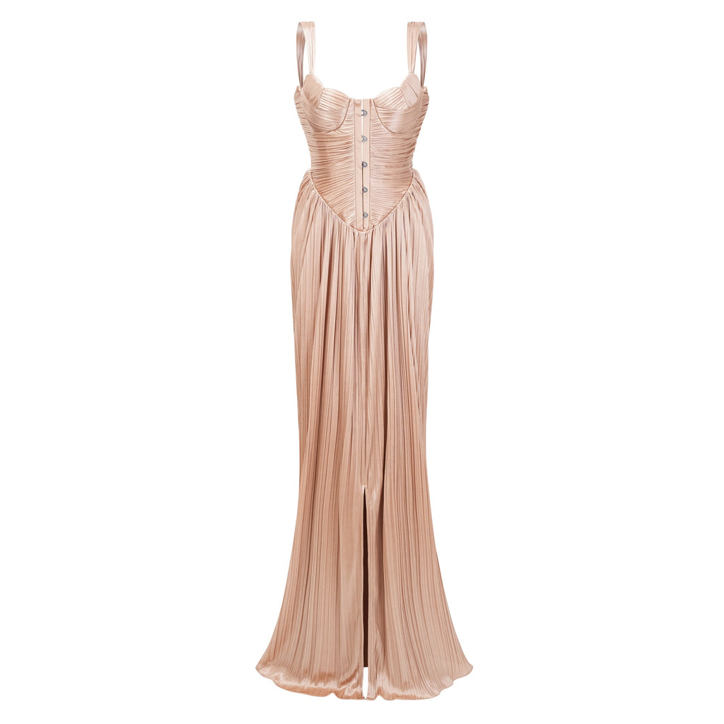 Vestido largo de novia Nicoletta en color dorado, con corsé plisado y acabado brillante, estilo maxi y elegante.