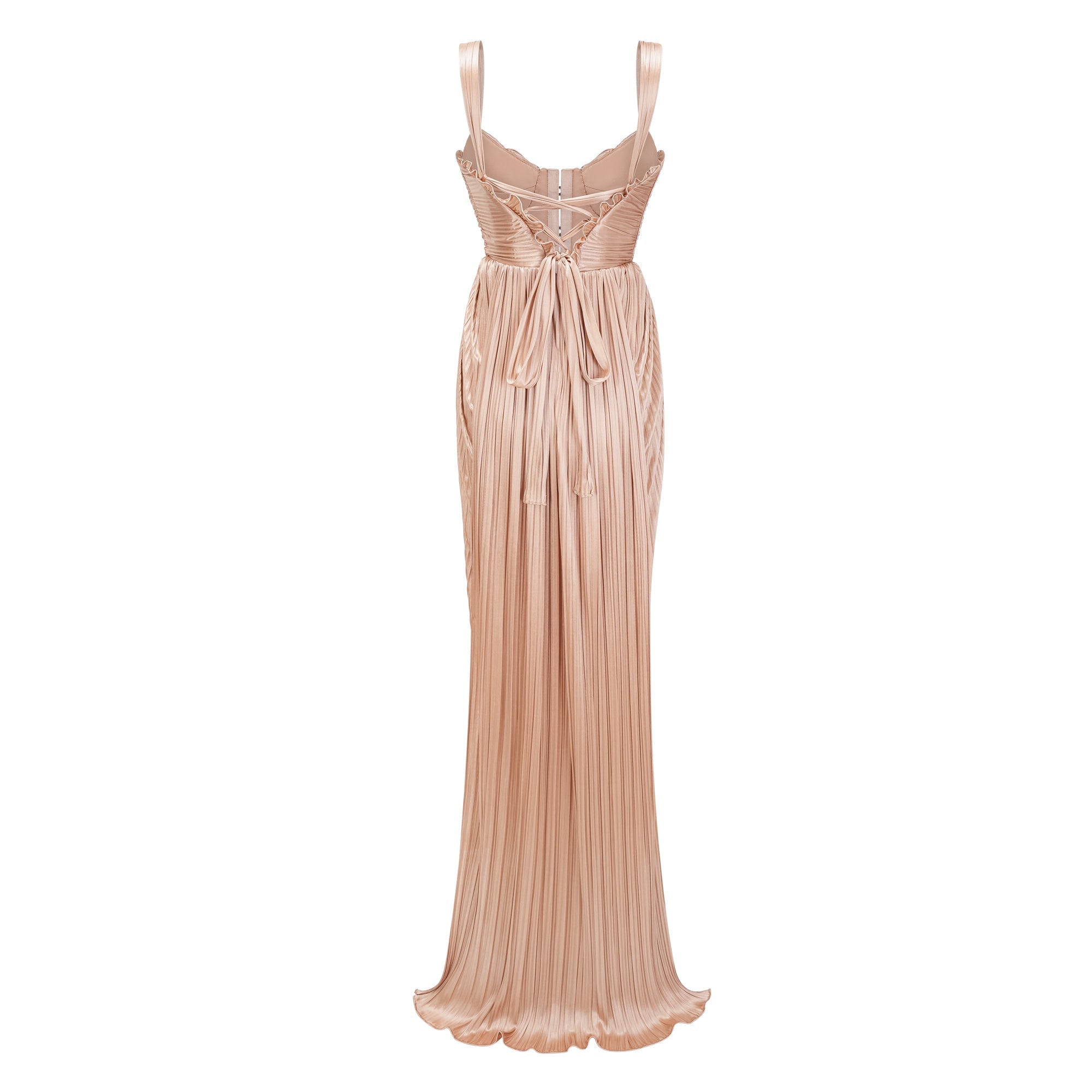 Vestido maxi corsé Nicoletta de novia en tono dorado brillante con pliegues y diseño elegante, vista frontal del vestido bridal.