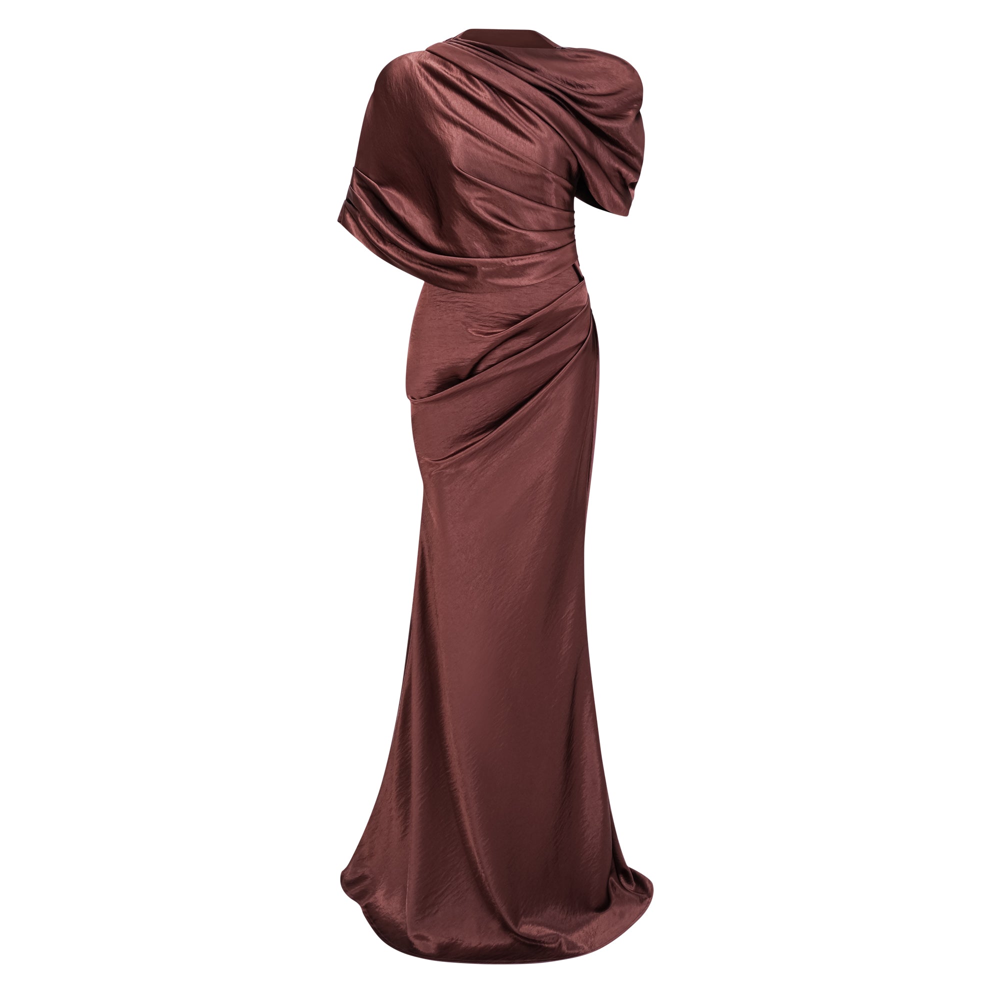 Vestido largo de satén marrón asimétrico con fruncido, diseñado por Bridal, muestra la textura y el estilo elegante del vestido.