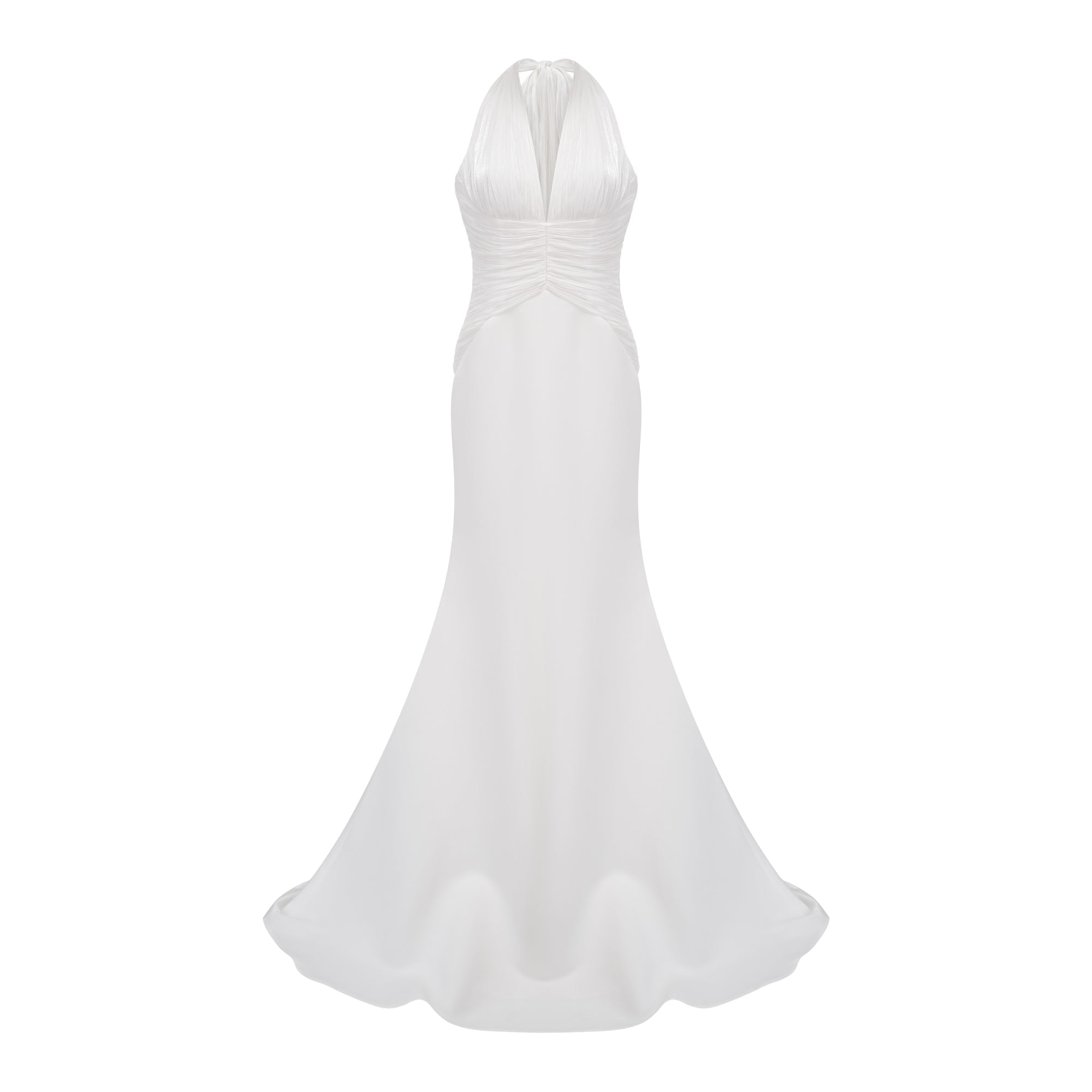 Vestido largo maxi Emmeline blanco con diseño de tren yfalda fruncida, estilo elegante y sofisticado para ocasiones especiales