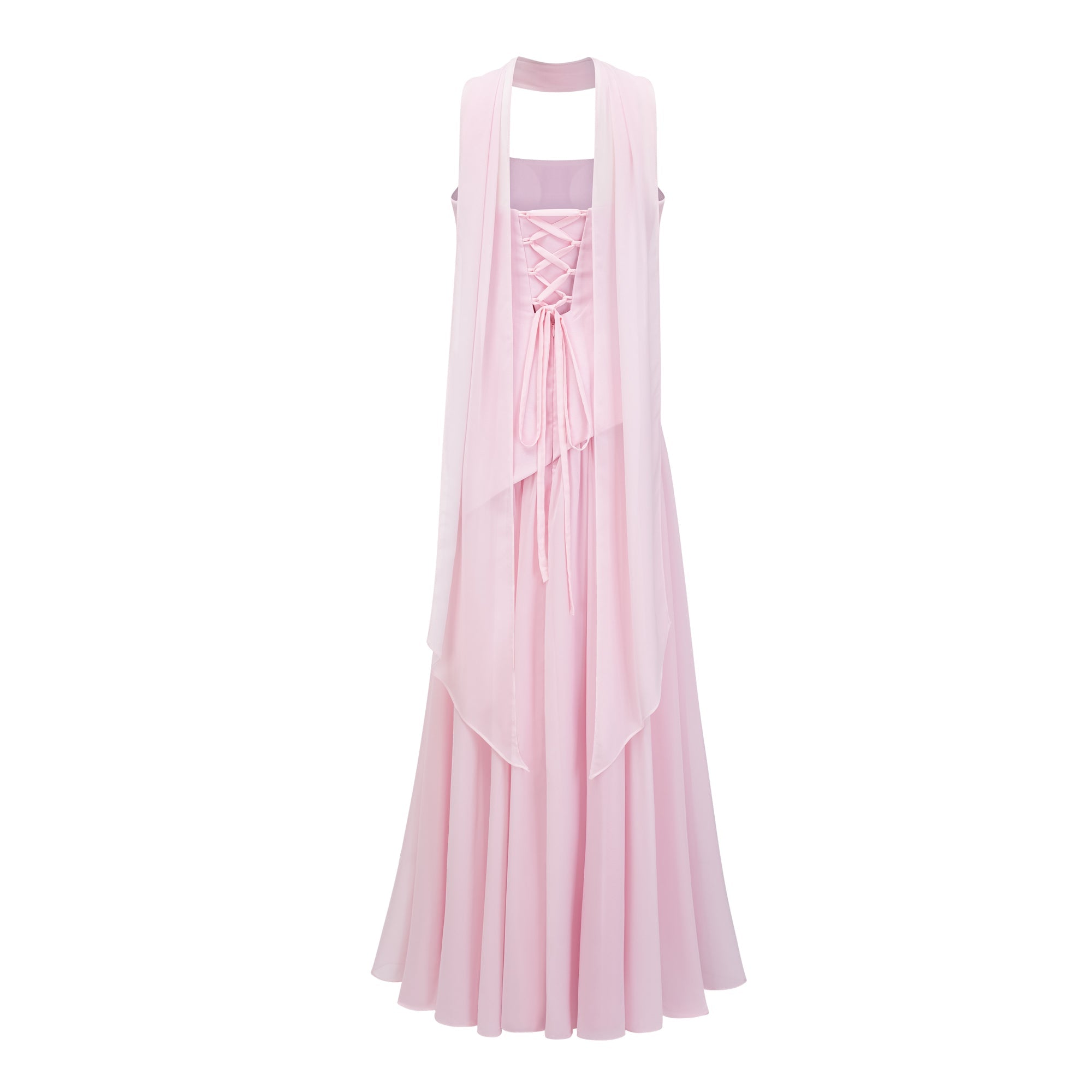 Vestido maxi de novia en chiffon rosa sin tirantes y corsé, vestido romántico y elegante para novia.