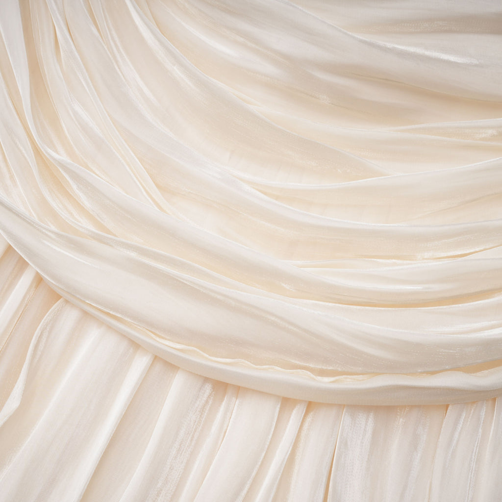 Vestido largo de novia Gustave Neutral Ruched Cape con detalles ruffled y diseño elegante, en tonos neutros.