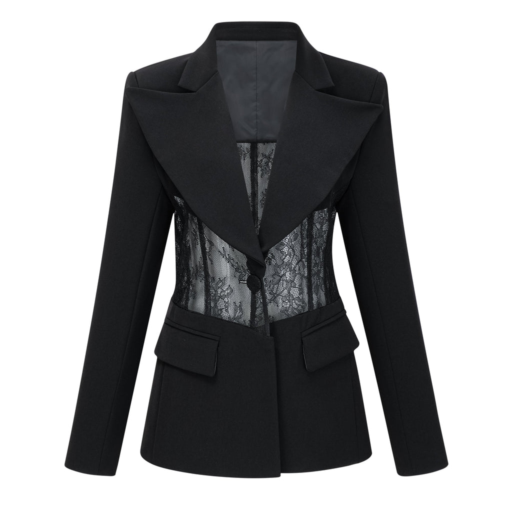 Blazer negro de encaje floral Verena Bridal con paneles elegantes, ideal para ocasiones especiales o bodas.