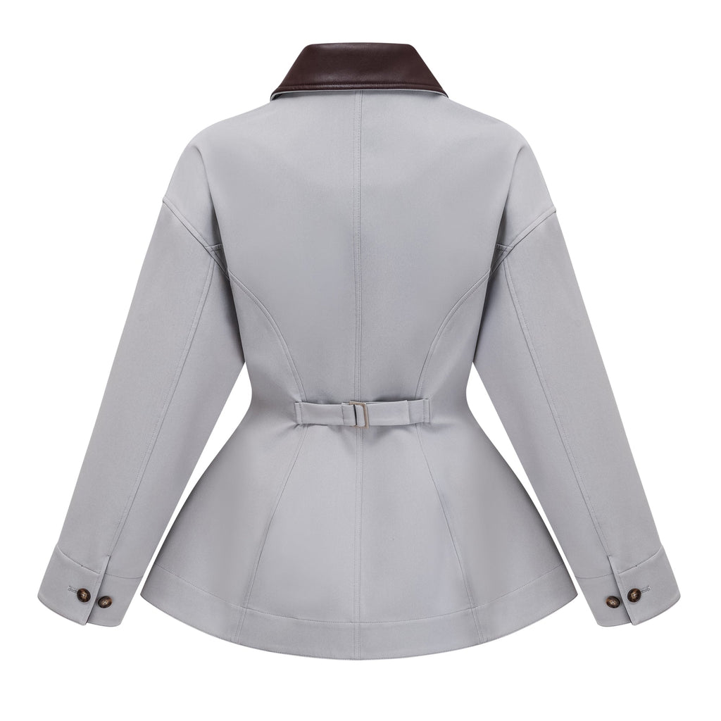Jacket de caza gris de cuero Vilma de la marca Bridal, con cuello y diseño resistente, en vista frontal sobre fondo neutro.