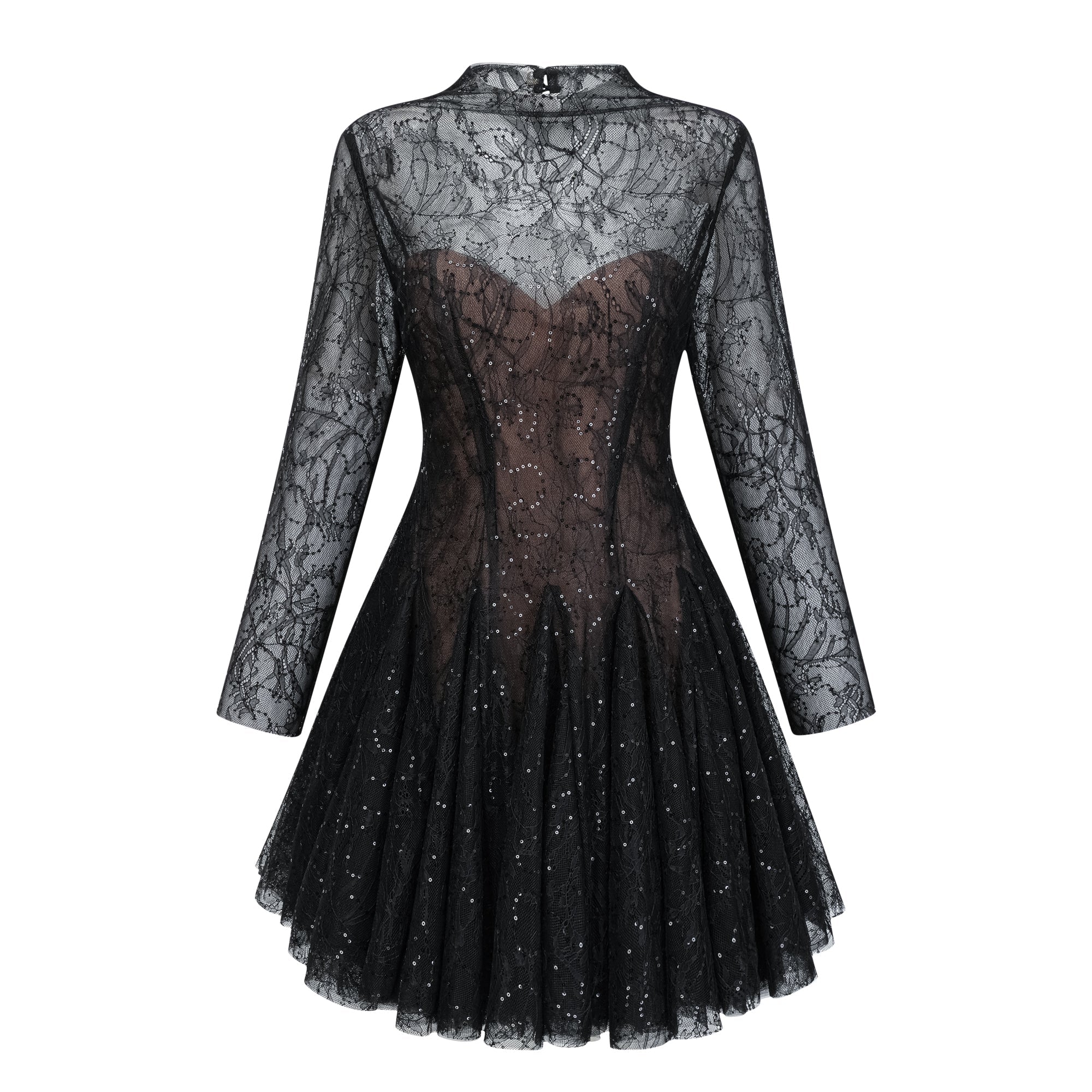Vestido mini negro de encaje con lentejuelas y detalles florales de la marca Bridal, con acabado elegante y sofisticado.