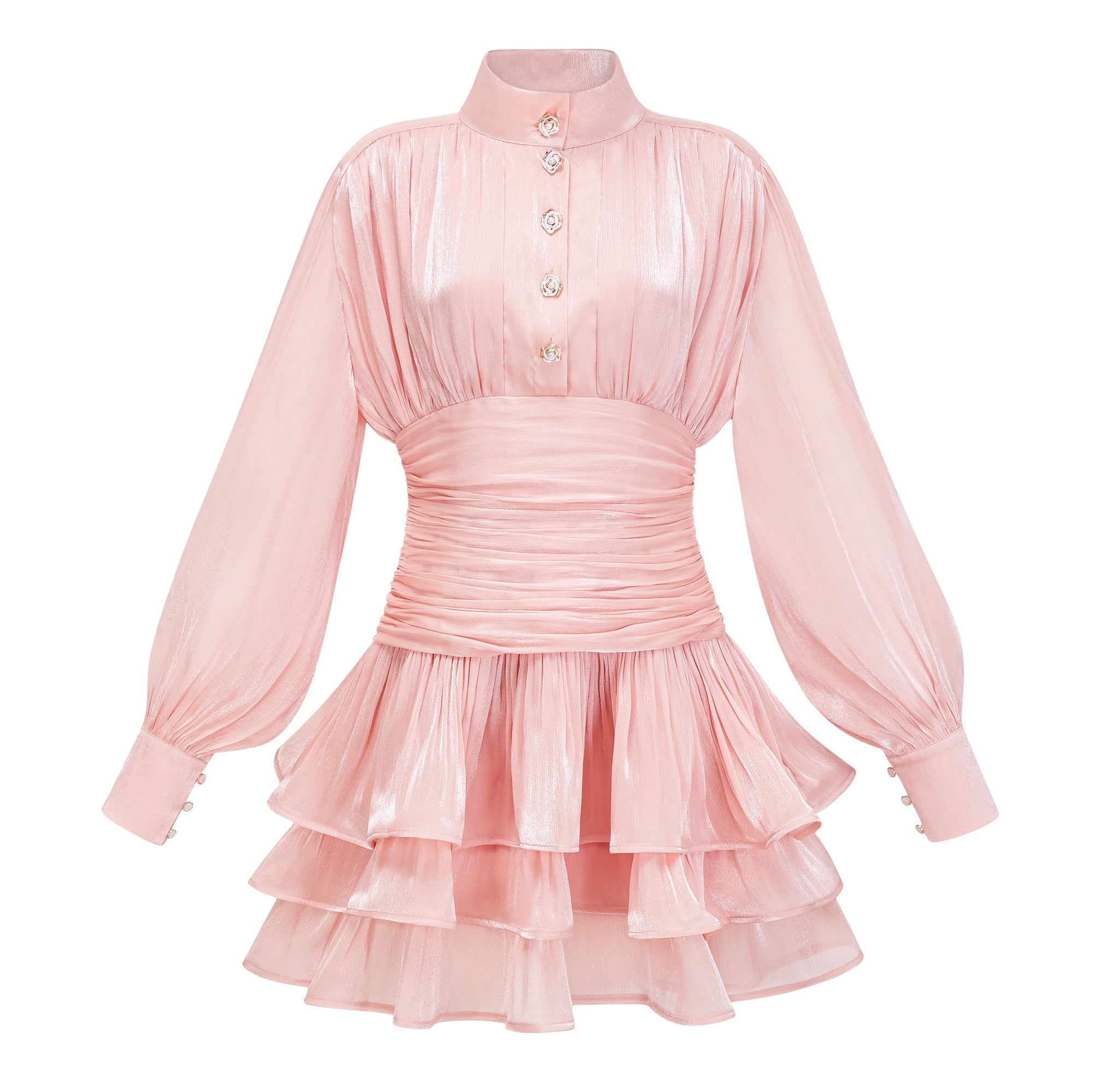 Vestido mini de encaje rosa con cuello alto y detalles de volantes, diseñado por Bridal, vista frontal sobre fondo neutro.