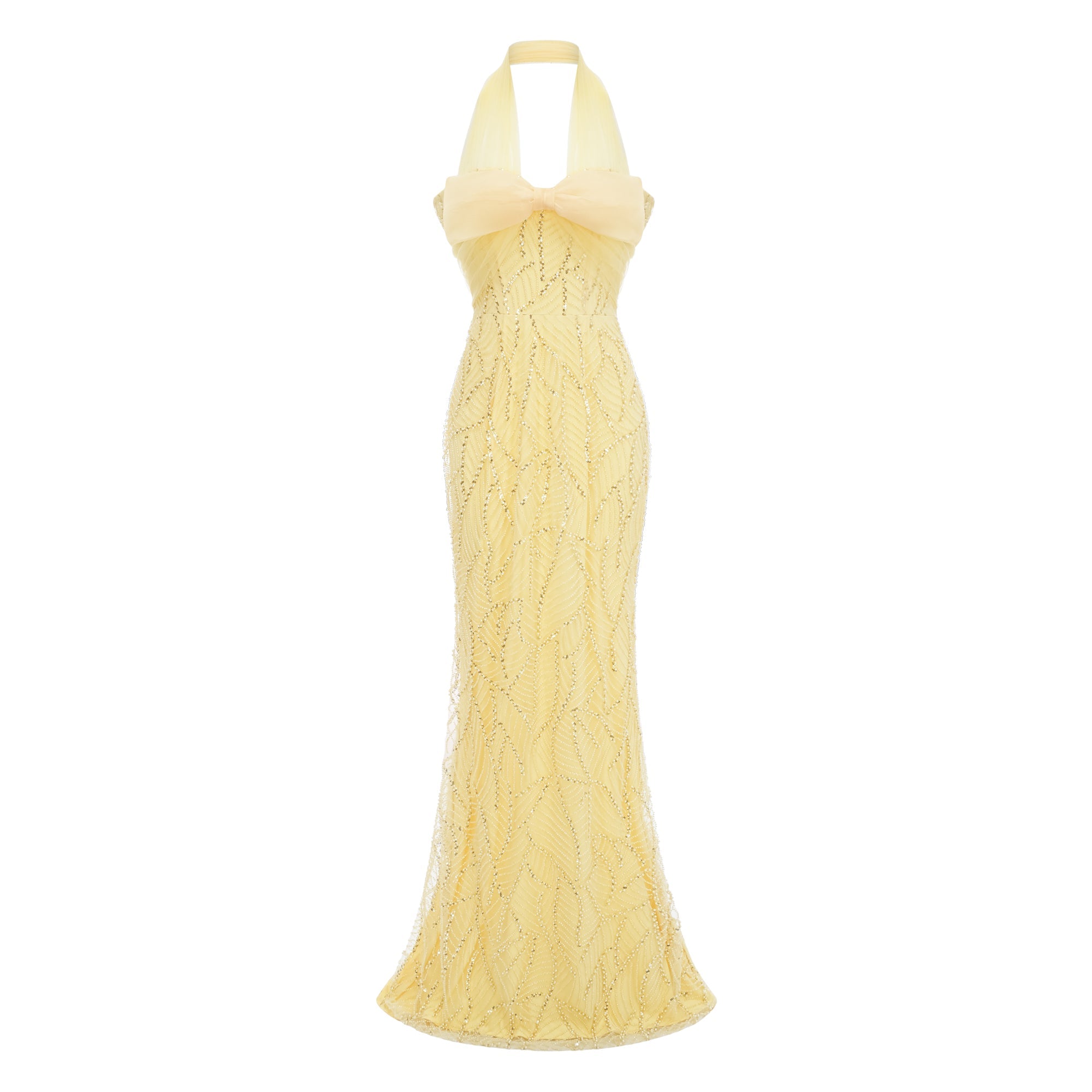 Vestido largo maxi de novia Antonia amarillo con lazo halter y escote alto, diseñado por Bridal.
