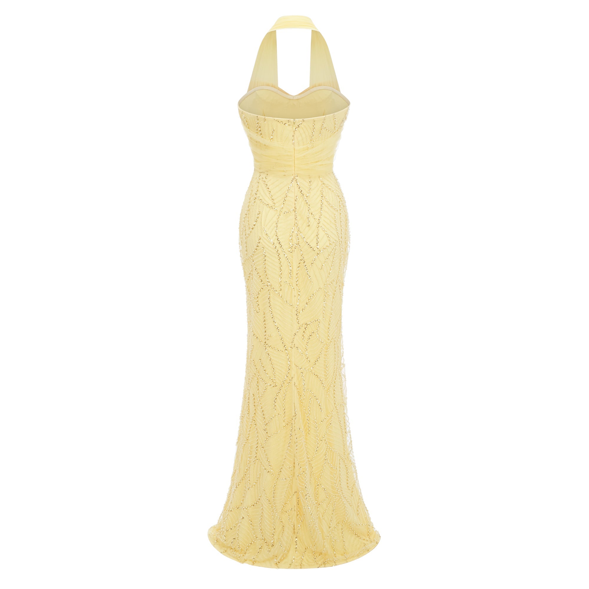 Vestido largo maxi amarillo con lazo halter y estilo bridal, mostrado en la imagen.