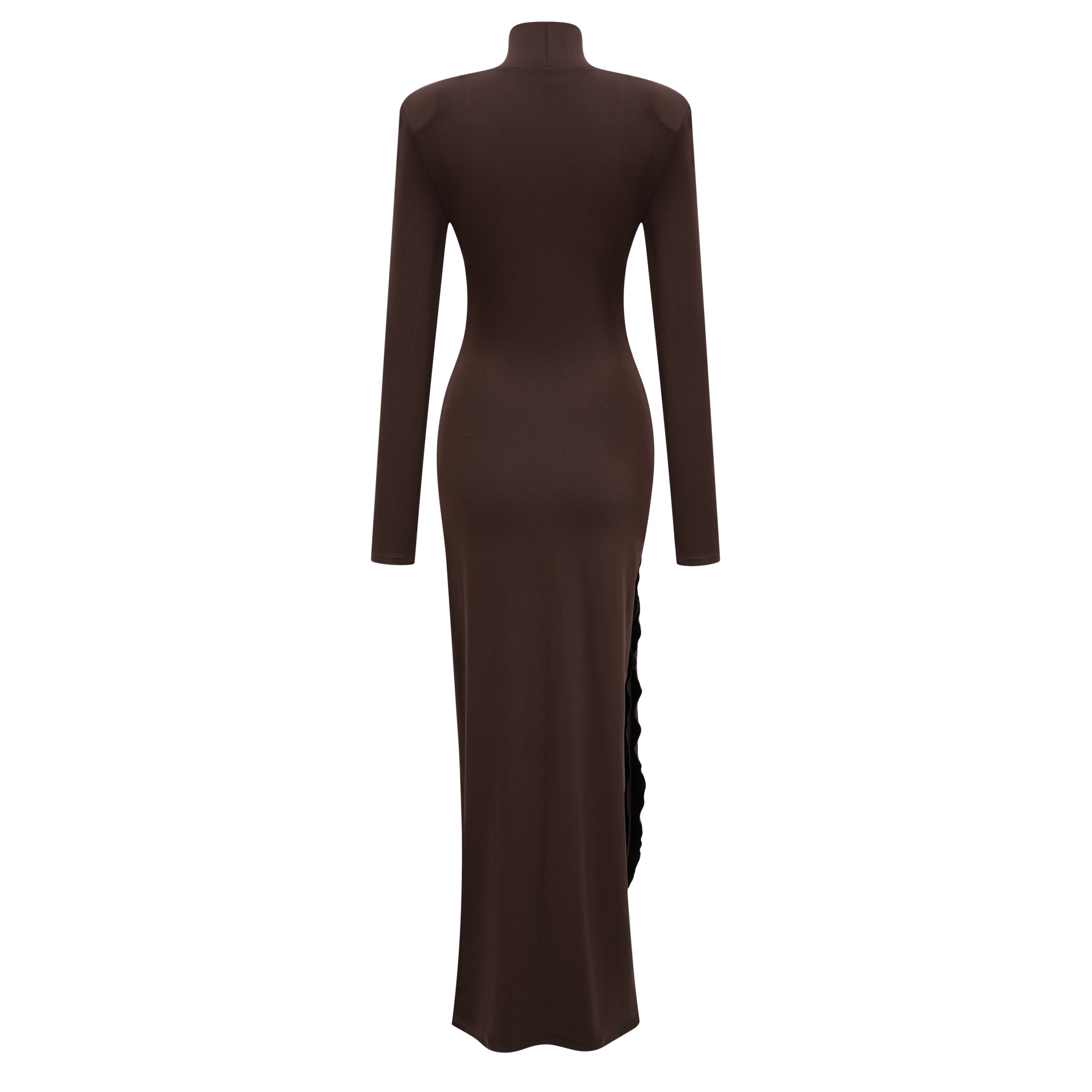 Vestido maxi marrón Neve de cuello alto con nudo en espiral, de la marca Bridal, mostrado en la imagen.
