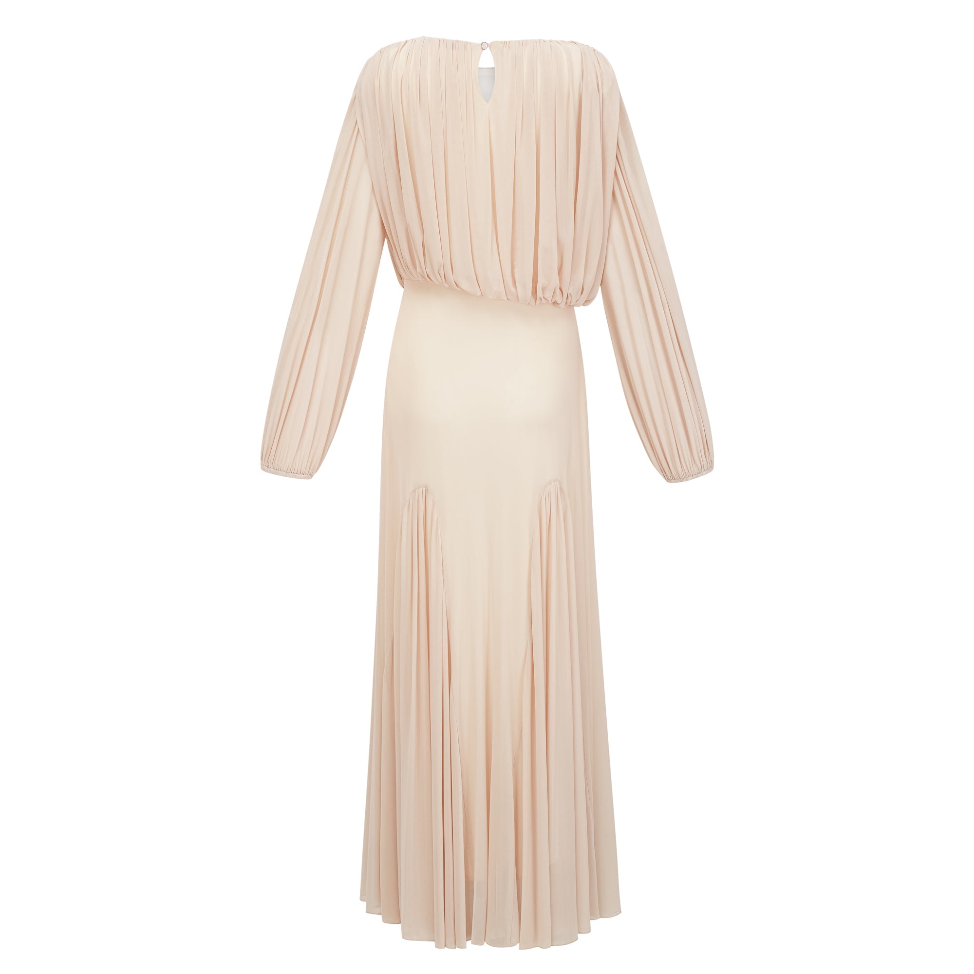 Vestido largo de novia amarillo con mangas farol y faldón plisado, estilo maxi con diseño elegante y detalles femeninos.