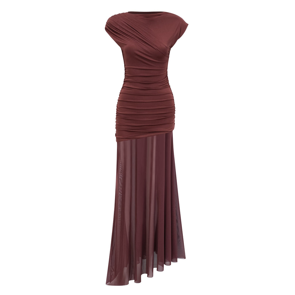 Vestido largo de tul marrón Seren Brown con paneles fruncidos, diseñado por Bridal, con detalles elegantes y estilo maxi.