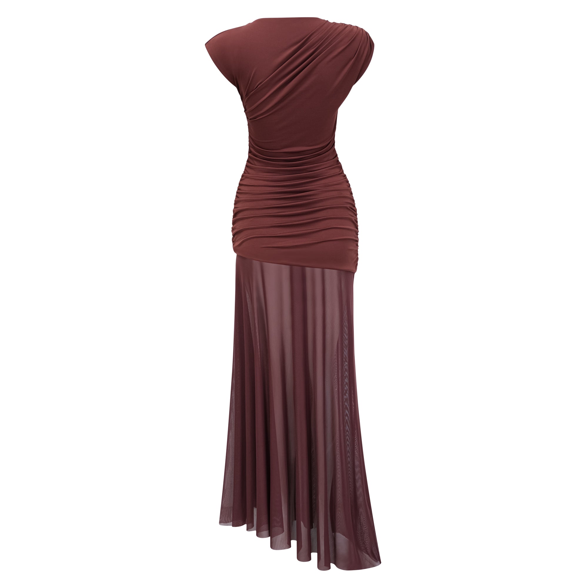 Vestido maxi de novia Seren Brown con panel de tul fruncido, elegante y largo, diseñado por Bridal.