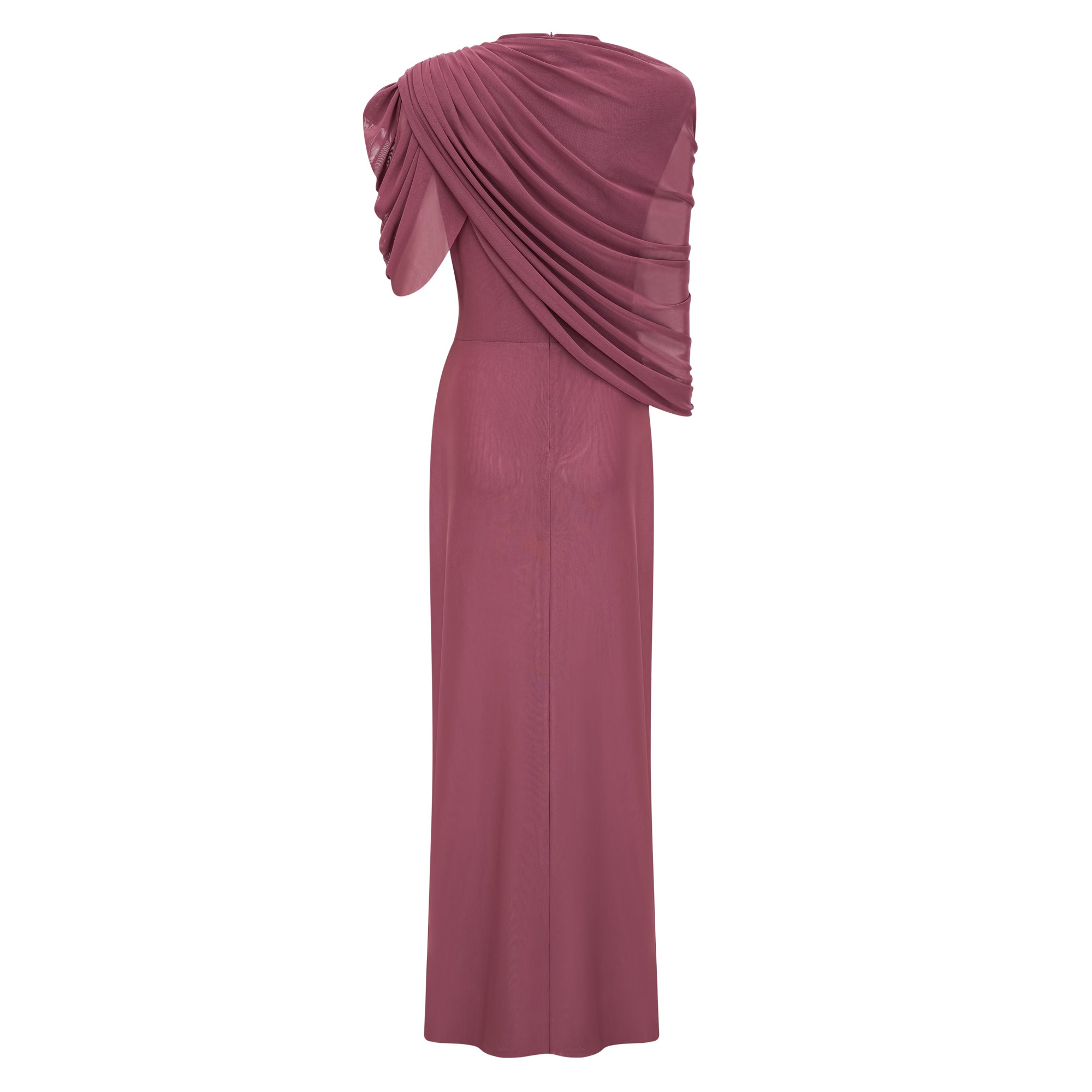 Vestido maxi asimétrico y drapeado en marrón, vestido de novia con capa larga y diseño elegante.