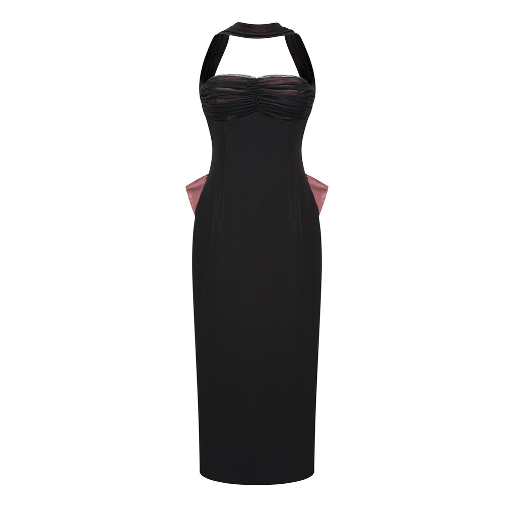 Vestido largo maxi negro con espalda abierta y lazo, vestido de novia de la marca Bridal, con diseño elegante y sofisticado.