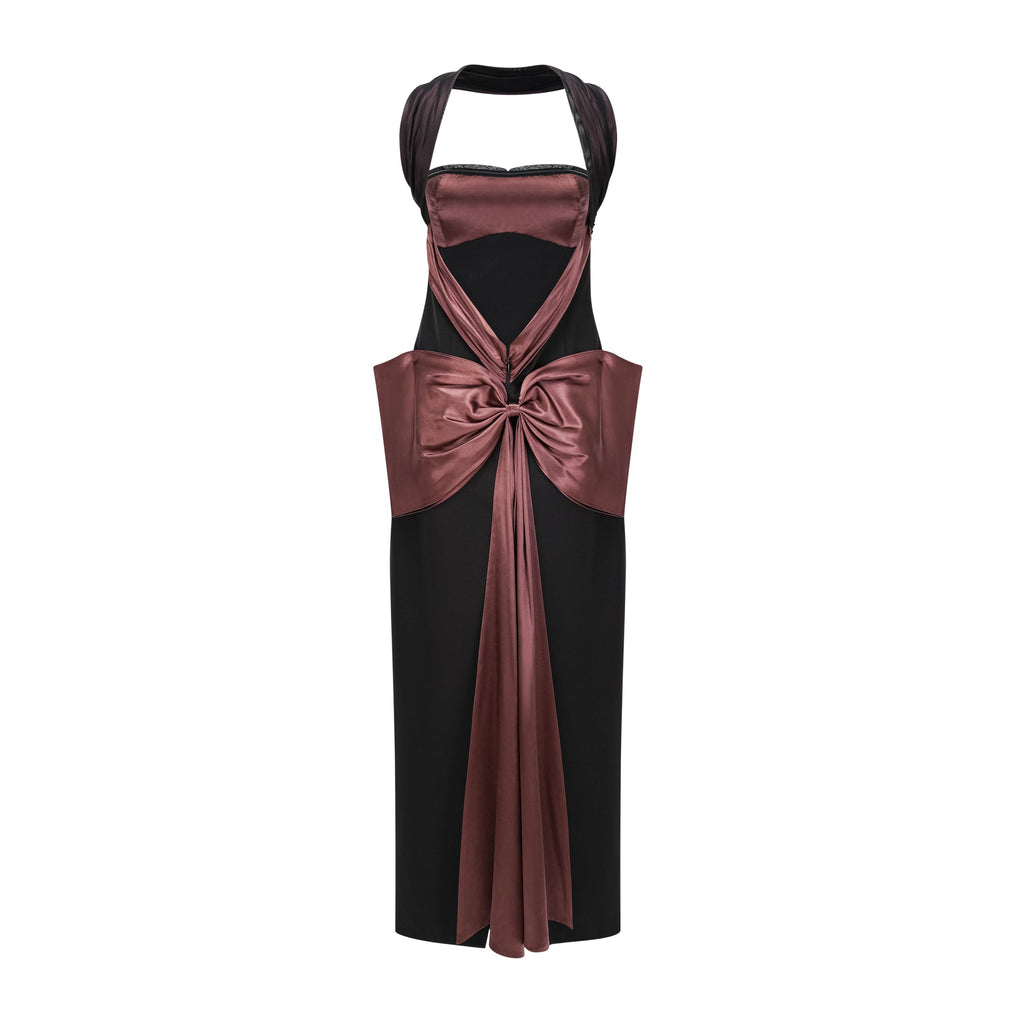 Vestido largo Miriam Black de novia con espalda abierta y lazo, elegante vestido de noche con diseño sofisticado.