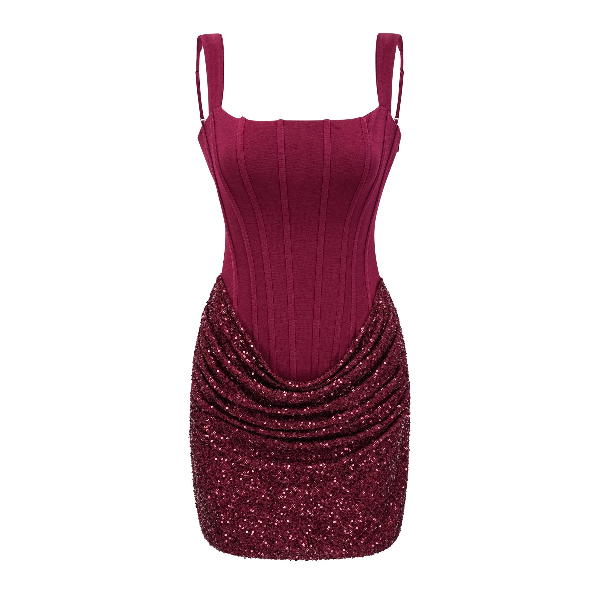 Vestido mini rojo ajustado con detalles de pedrería y fruncido, de la marca MRNewyork, para ocasiones elegantes.