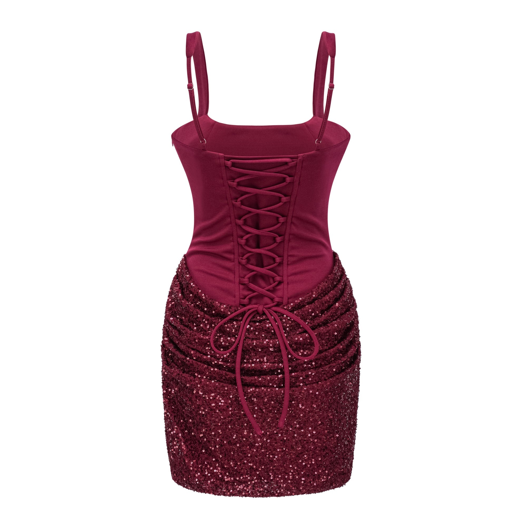 Vestido mini ajustado rojo con adornos y drapeado, de la marca Bridal, para ocasiones elegantes y modernas.