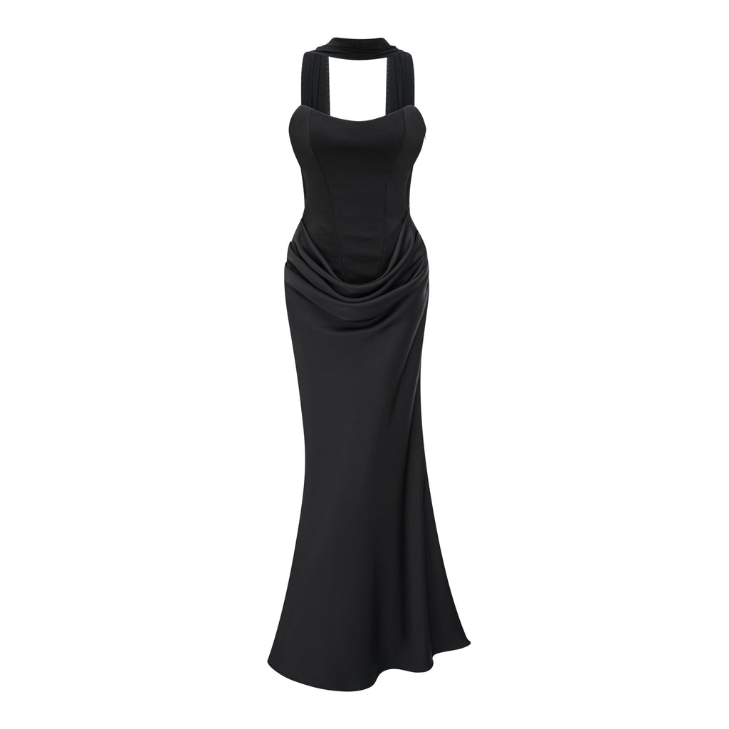Bufanda negra de Bridal, escote en hombro y vestido largo maxi con fruncido, para un estilo elegante y sofisticado.