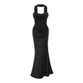 Bufanda negra de Bridal, escote en hombro y vestido largo maxi con fruncido, para un estilo elegante y sofisticado.