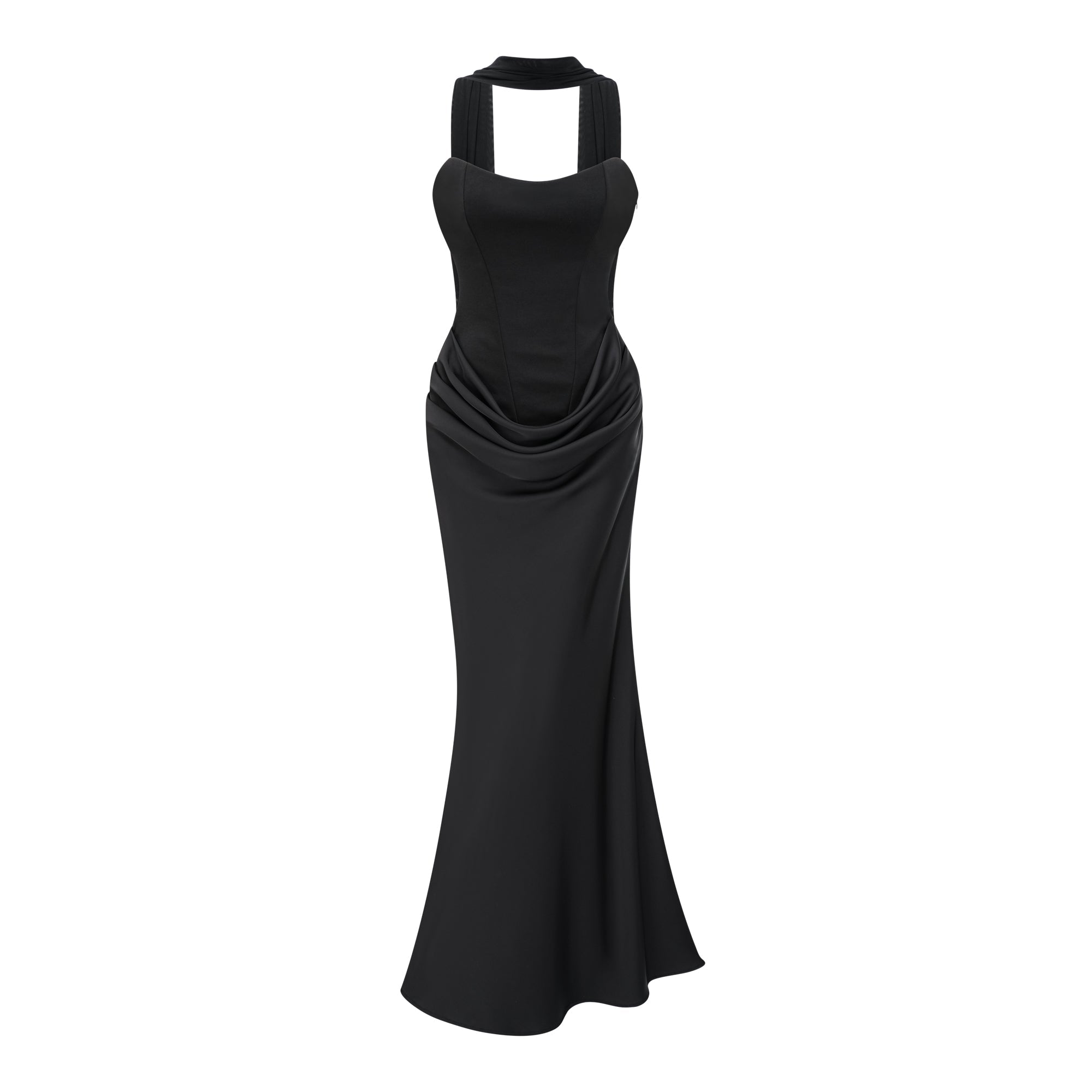 Bufanda negra de Bridal, escote en hombro y vestido largo maxi con fruncido, para un estilo elegante y sofisticado.