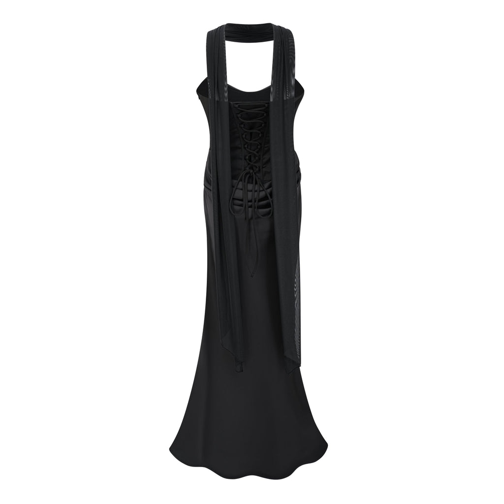 Vestido maxi negro de novia con bufanda y hombros descubiertos, con detalles ruched, de la marca Bridal.