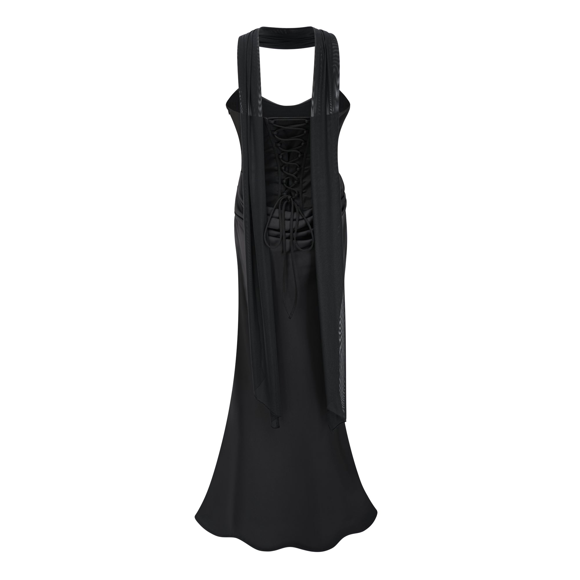 Vestido maxi negro de novia con bufanda y hombros descubiertos, con detalles ruched, de la marca Bridal.