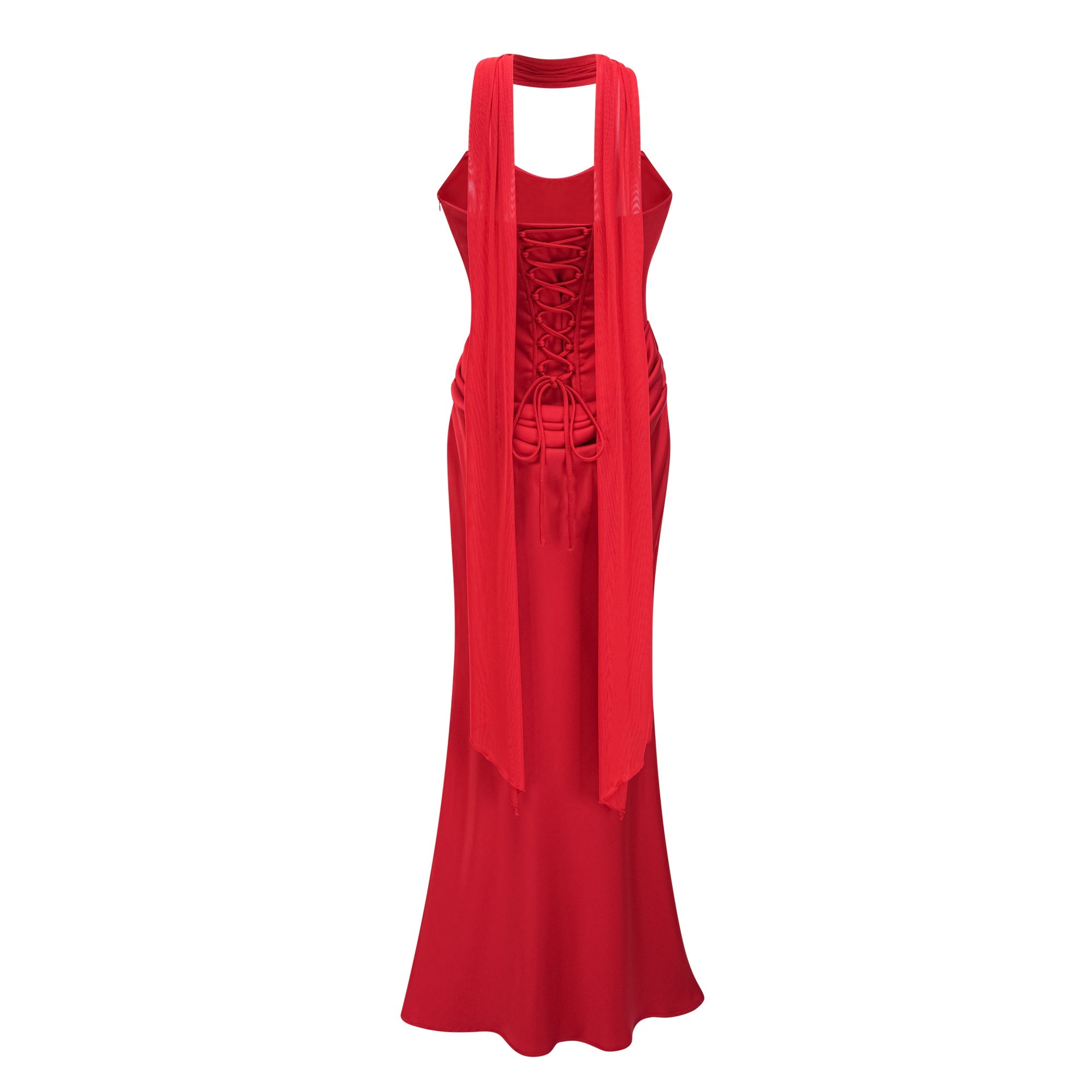 Vestido largo maxi de MRTokyo en color rojo con bufanda, estilo hombro descubierto y detalles fruncidos, para un look elegante.